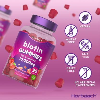 Biotin Gummies 10,000mcg | 90 Vegan Vitamins | Natural Strawberry Flavour HorbäachUS supplements
