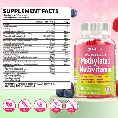 Methylated Vitamin B Complex Gummies for Women & Men, Multivitanins Gummy with Vitamin A, C ,E, Methylfolate & B12, TMG, Calcium, D3 K2 JabsahUS supplements