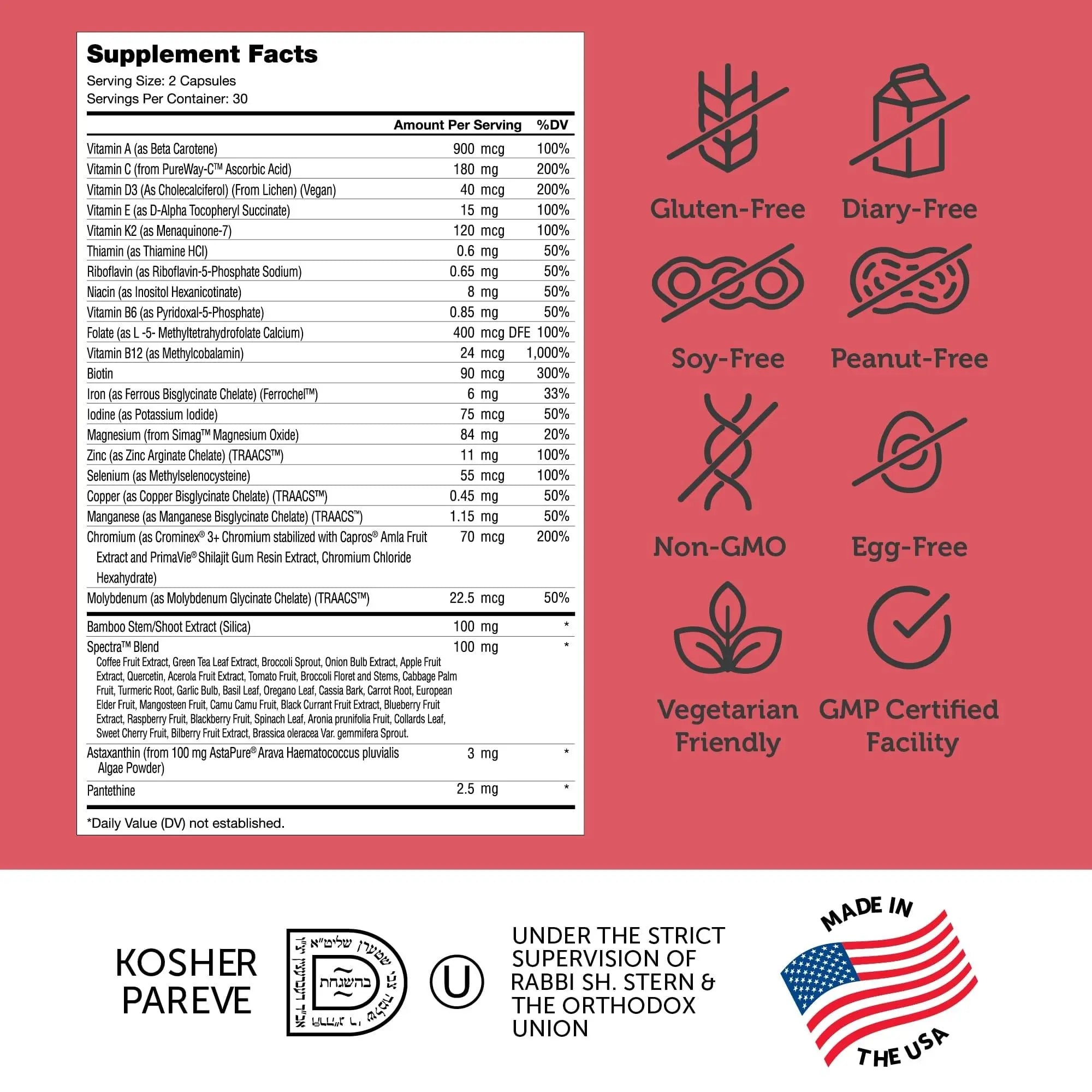 Zahler Multivitamin Beauty + Skin Hair and Nails Support, Multivitamin for Women and Men with Iron, Certified Kosher, 60 Capsules ZahlerAu supplements