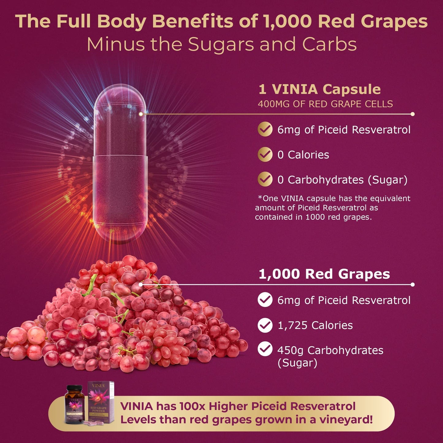 VINIA 12-Hour Sustained Release Piceid Resveratrol Supplement. Nitric Oxide Supplement VINIAUS supplements
