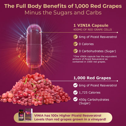 VINIA 12-Hour Sustained Release Piceid Resveratrol Supplement. Nitric Oxide Supplement VINIAUS supplements
