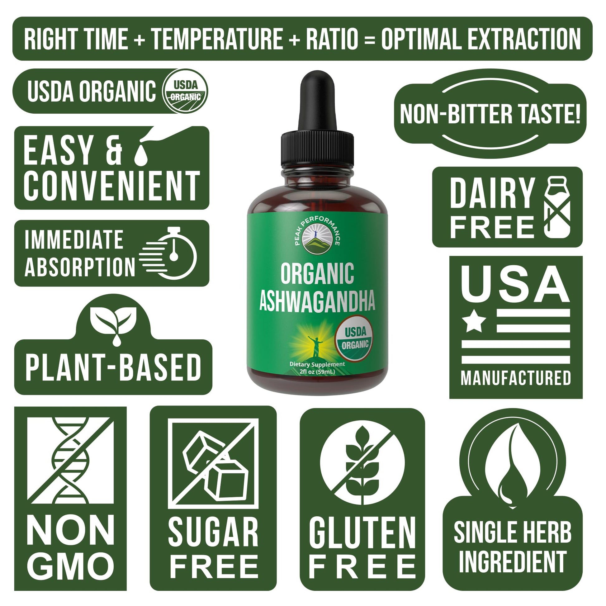 Ashwagandha Liquid Drops. USDA Organic Vegan Supplement. Extra Strength Ashwagandha Root Extract for Women, Men, Kids. with Adaptogens. Zero Sugar, Organic, Gluten Free Tincture Supplements. Peak PerformanceAu supplements