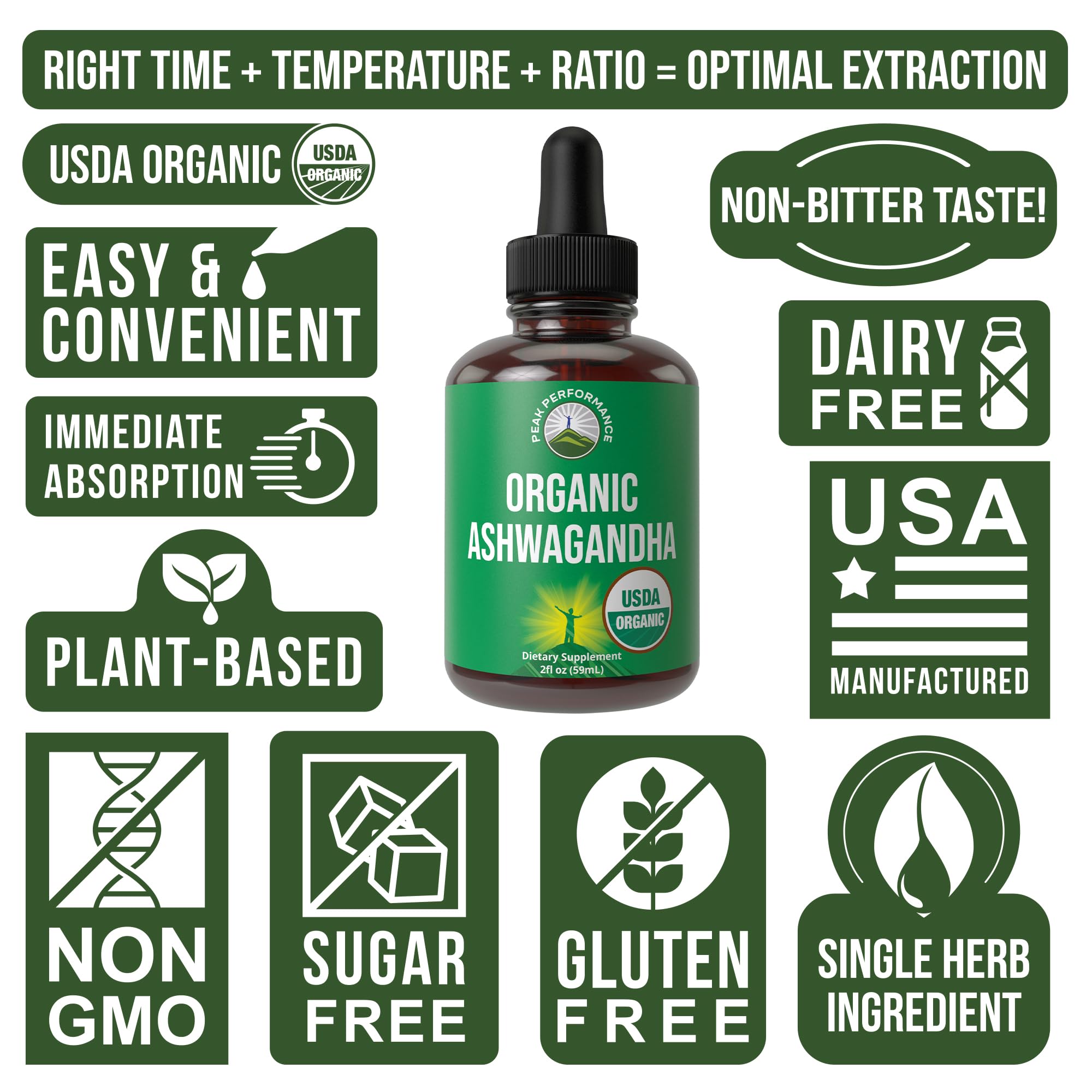Ashwagandha Liquid Drops. USDA Organic Vegan Supplement. Extra Strength Ashwagandha Root Extract for Women, Men, Kids. with Adaptogens. Zero Sugar, Organic, Gluten Free Tincture Supplements. Peak PerformanceAu supplements