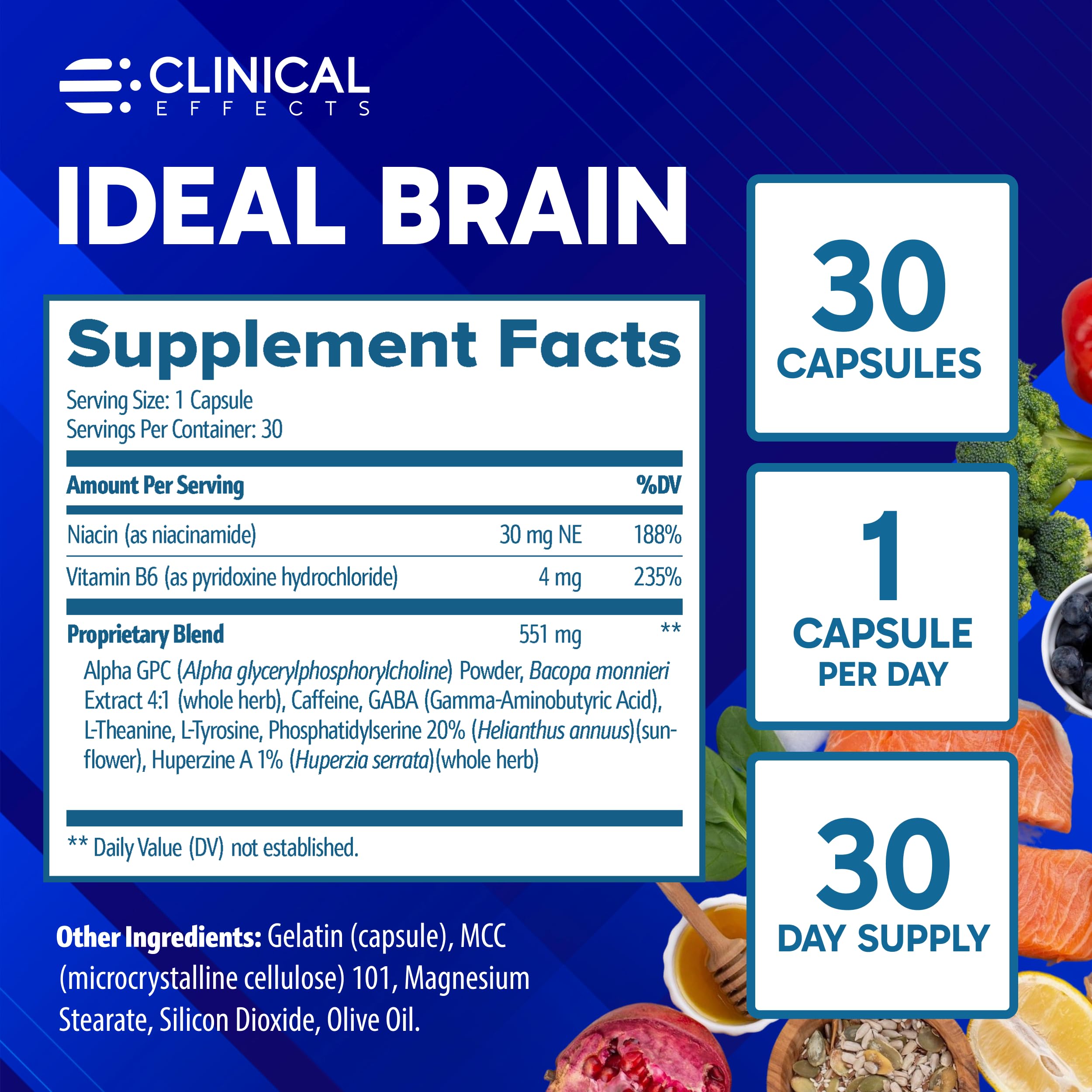 Clinical Effects Ideal Brain - Dietary Supplement for Nootropic Focus and Memory Support - 30 Capsules - B Vitamins, GABA, Alpha-GPC - Helps Support Mental Focus, and Optimal Brain Function Clinical EffectsAu supplements