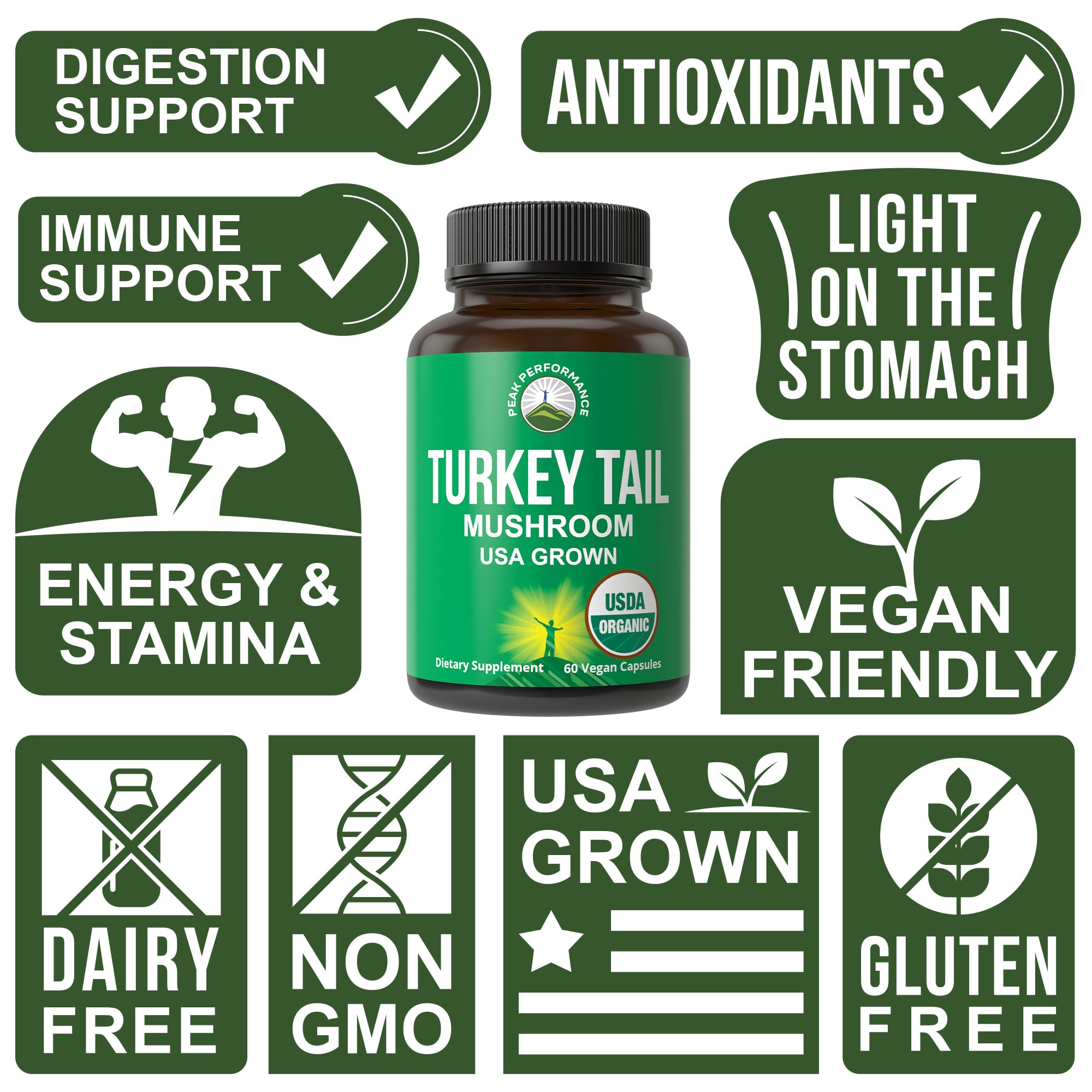 Peak Performance Organic Turkey Tail Capsules - USA Grown Made with Real Turkey Tail Mushroom. Immune System Support Naturally Harvested Mushroom Supplements for Immunity. Vegan Supplement Extract Peak PerformanceAu supplements