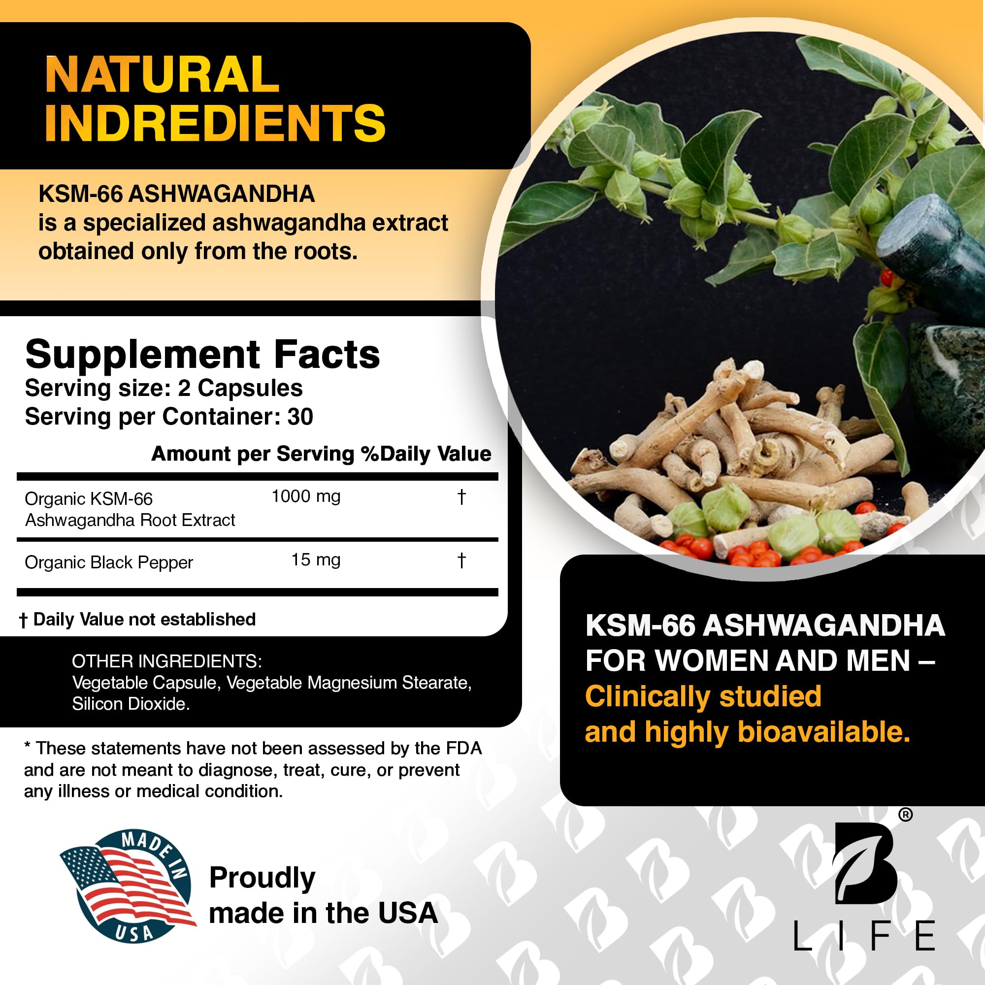 Organic Ashwagandha KSM-66 1000 mg Supplement | Adaptogen for Cortisol Support & Stress Relief | Mood, Calm & Sleep Aid for Men & Women | Ashwagandha ritual vitamins for women | 60 Vegan Caps B Life CompanyAu supplements