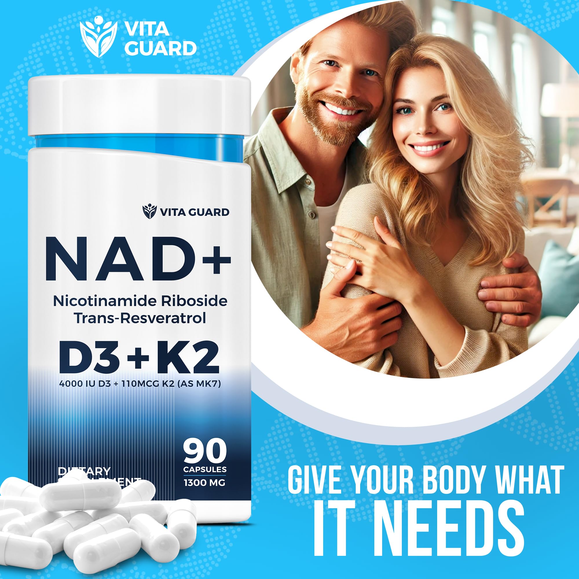 Anti-Aging Energy NAD Supplement – NMN Alternative with Nicotinamide Riboside 1000mg, Trans-Resveratrol 300mg, Vitamin D3 4000 IU and K2 110 mcg MK7 – Vegetarian 60 Capsules, 1300mg Vita GuardAu supplements
