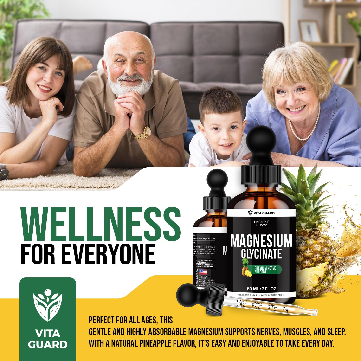 Magnesium Glycinate 500mg Liquid Drops – Sugar-Free Magnesium Supplement, Vegan Formula, 60 mL Flavor Pineapple Vita GuardAu supplements