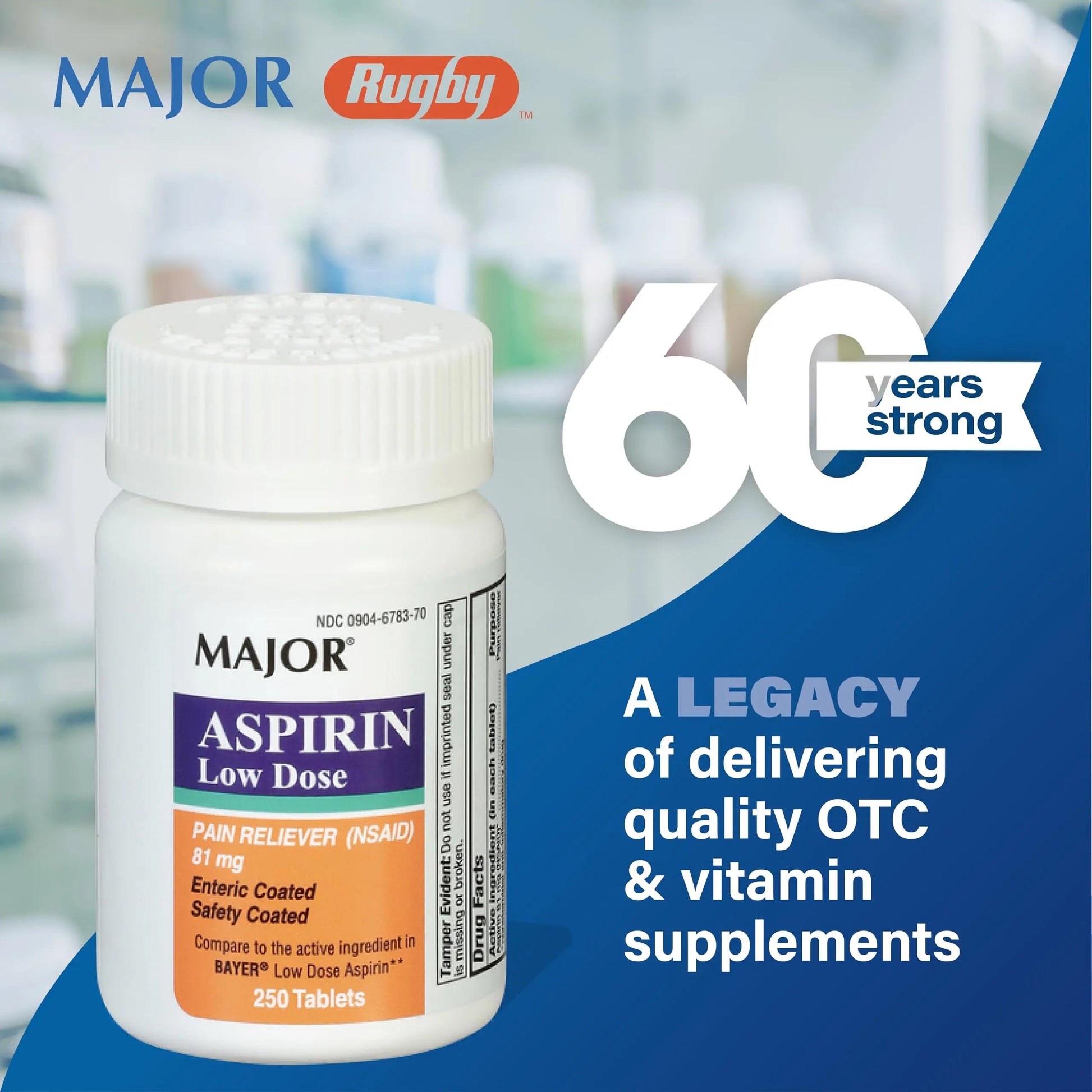 MAJOR Aspirin Low Dose 81 Mg - Pain Reliever (NSAID) - Enteric Coated - 250 Tablets MAJORAu supplements