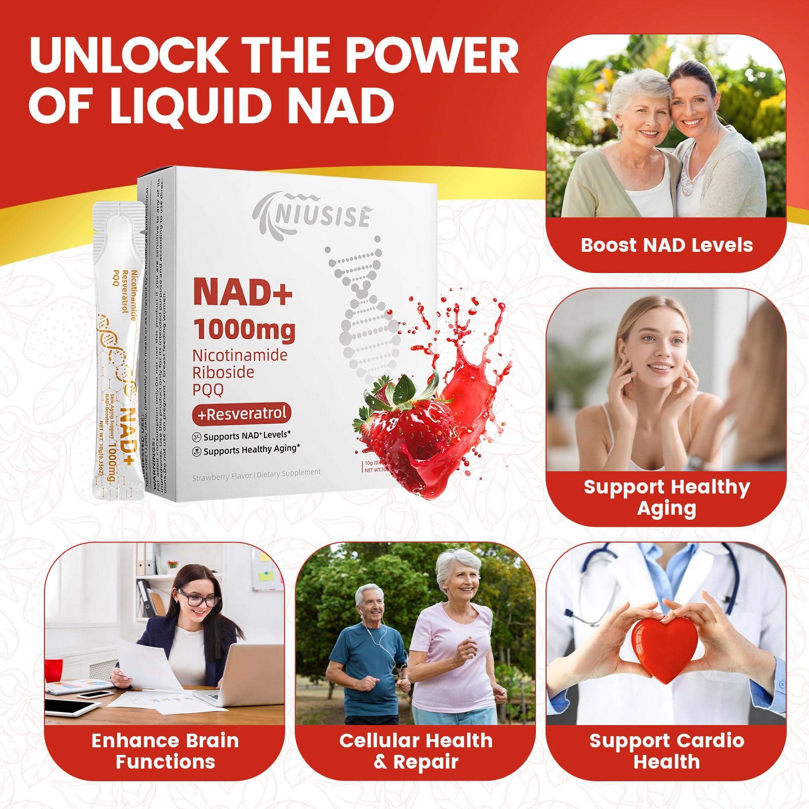 NIUSISE NAD Supplement, NAD+ Liquid, 1000mg Enhanced Formula with PQQ, Nicotinamide Riboside & Resveratrol, Advanced Anti-Aging Support for Men & Women, Sustained Energy, Vitality Boost (30 Packets) NIUSISEAu supplements