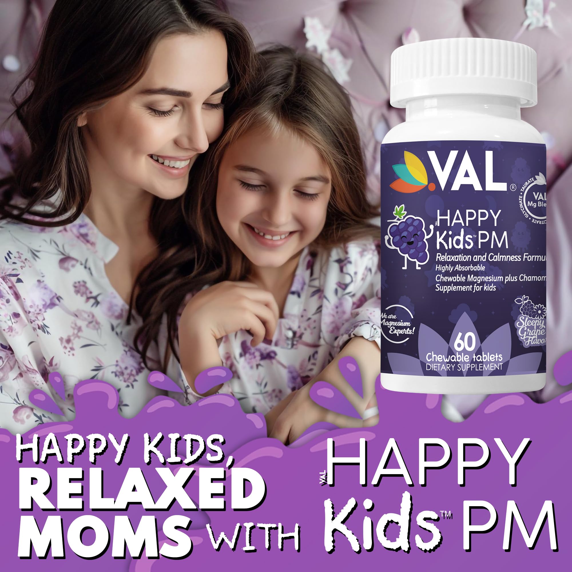 VAL Kids PM Magnesium Gummies | Sugar-Free Chewable Tablets with Chamomile, Magnesium Glycinate + Citrate + Taurate | Vitamin B6 & C | Natural Grape Flavor | Sleep & Calm Support | 60 Ct | Ages 4+ VALAu supplements
