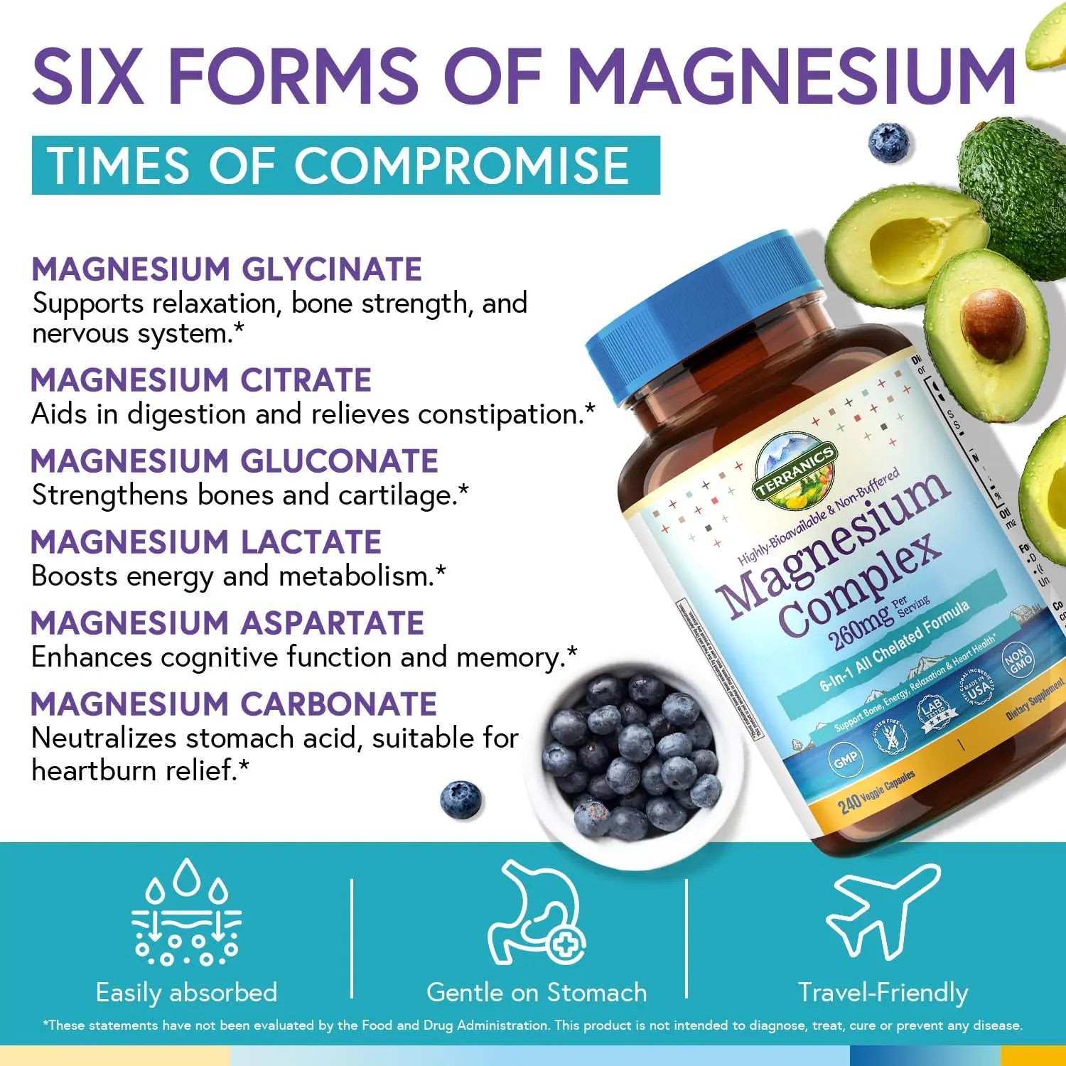 Terranics Magnesium Complex, 6-in-1, High Absorption, Glycinate, Citrate, Aspartate, Gluconate, Calmness, Heart, Bone, 240 Capsules, Non-Buffered Terranicsnz supplements