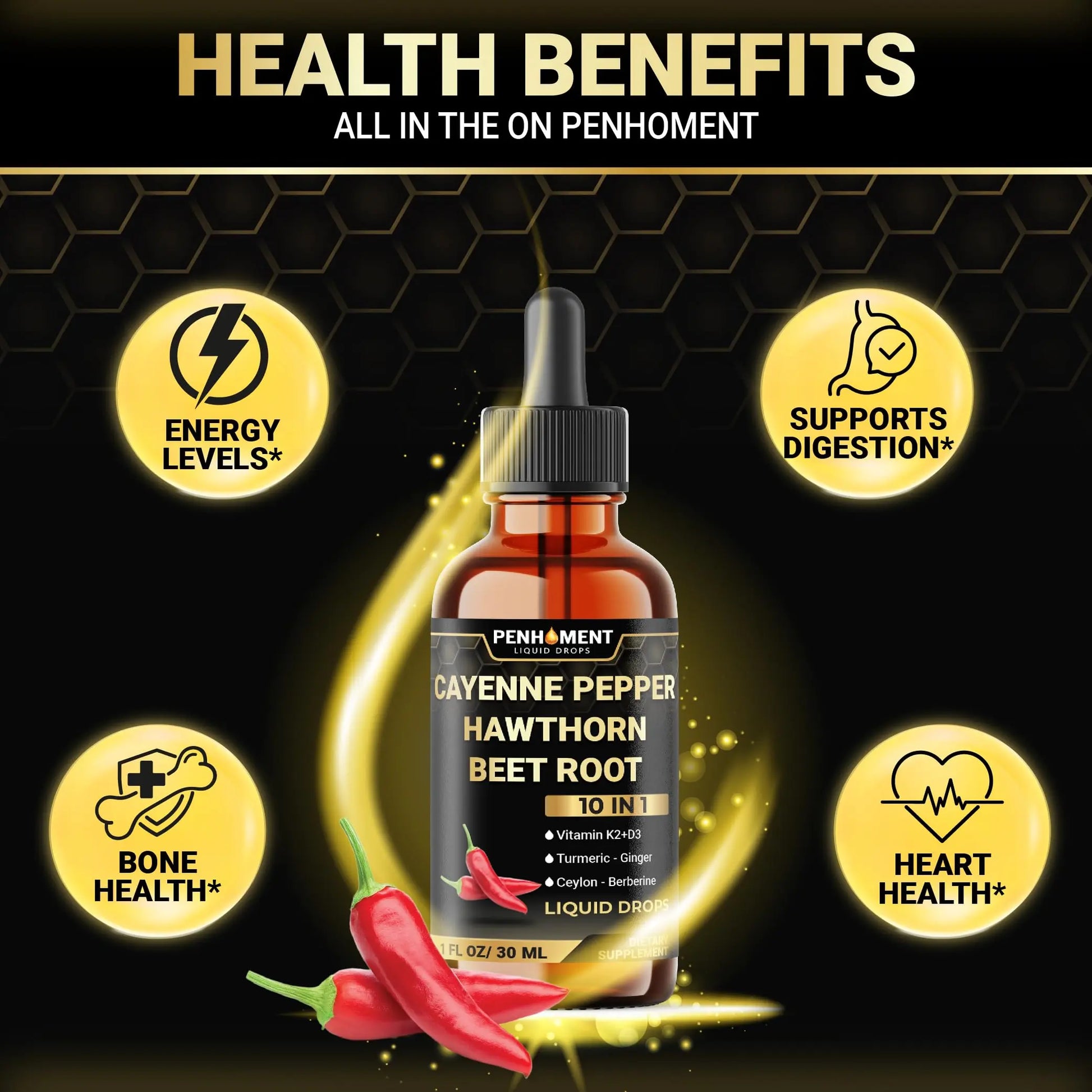 Penhoment 2 Packs - 2700 mg 10in1 Cayenne Pepper Liquid Drops with Hawthorn Berry, Vitamin D3 K2, Beet Root, Ginger Turmeric, Ginger, Ceylon Cinnamon, Berberine, and Ginseng - 2 Months Penhomentnz supplements