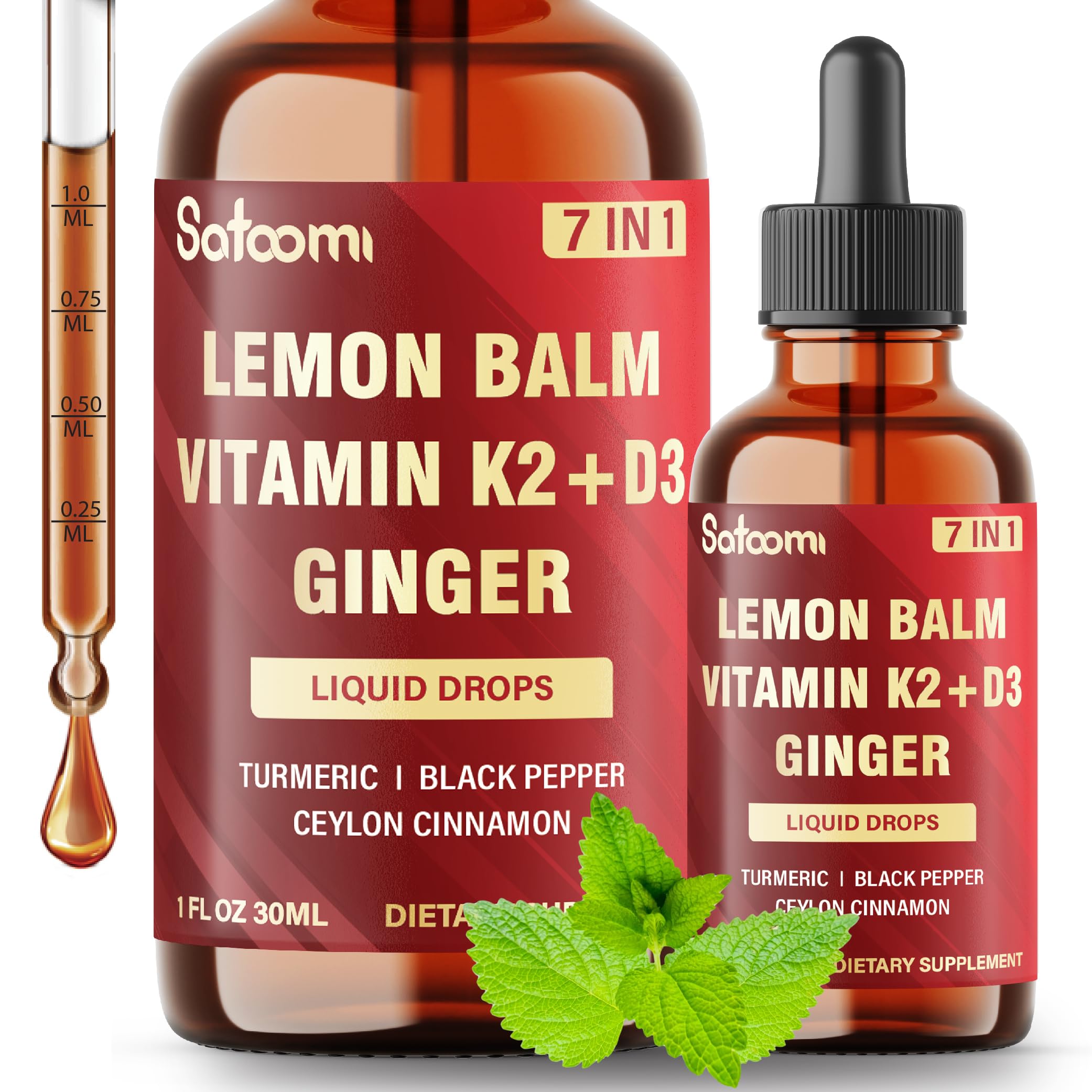 Satoomi 7in1 Lemon Balm Tincture with Vitamin D3, Vitamin K2, Ginger Root, Turmeric, Ceylon Cinnamon and Black Pepper - 1 FL Oz - 60 Day Supply SatoomiAu supplements