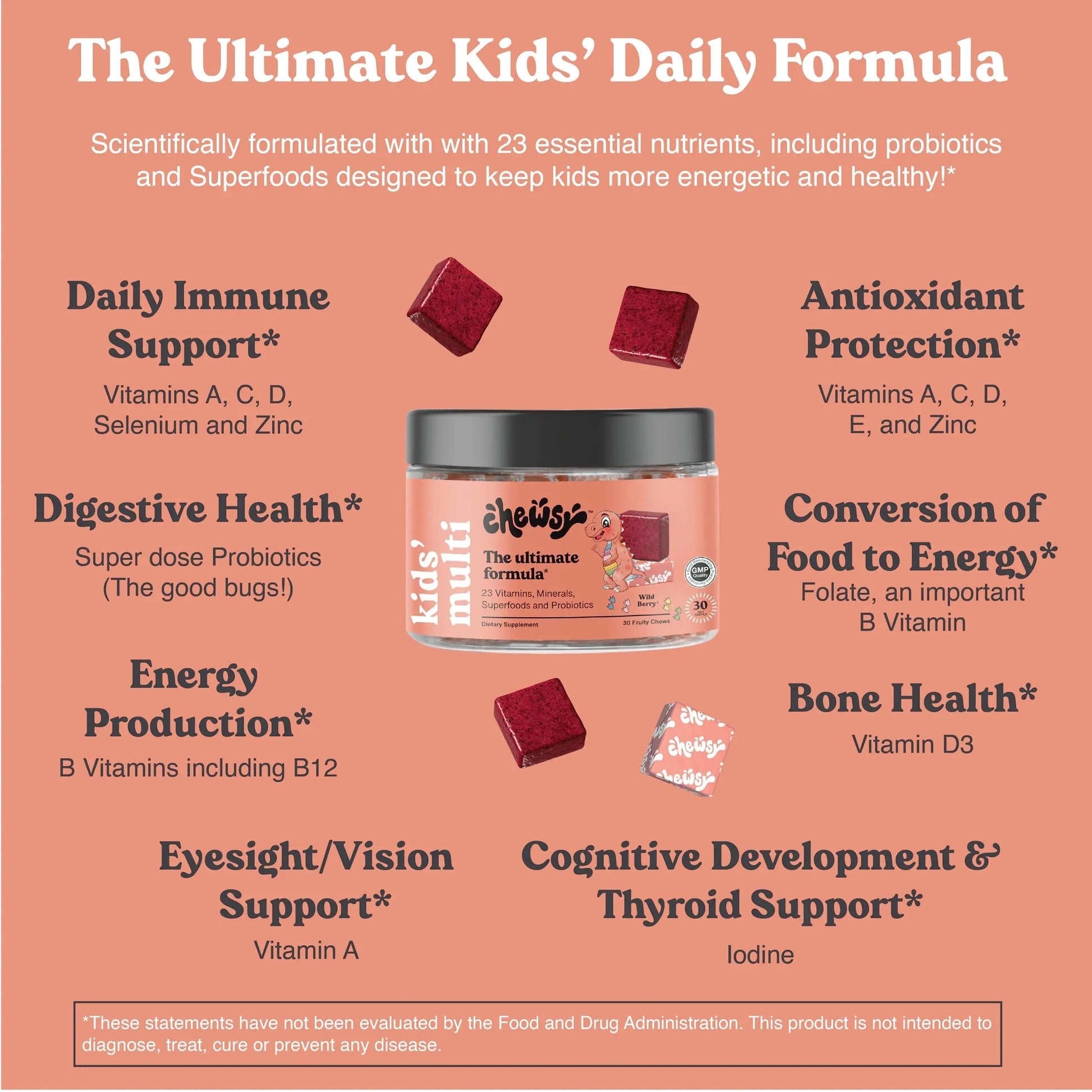 Chewsy Kids’ Multivitamin, Delicious Candy-Style Daily Vitamin Chews + Probiotics + Superfoods, Wild Berry Flavor Chewable Fruity Supplement Chews CHEWSYAu supplements