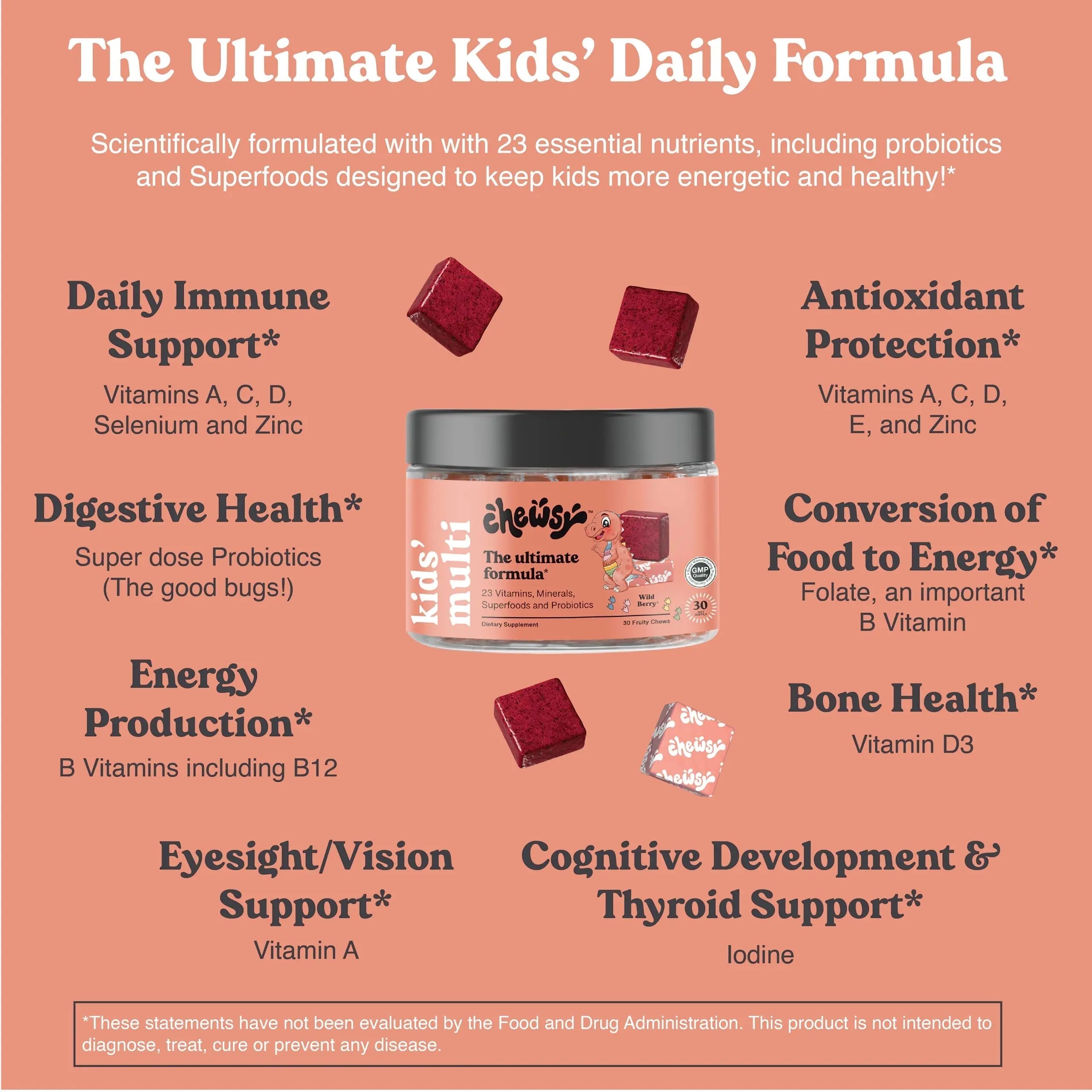 Chewsy Kids’ Multivitamin, Delicious Candy-Style Daily Vitamin Chews + Probiotics + Superfoods, Wild Berry Flavor Chewable Fruity Supplement Chews CHEWSYAu supplements