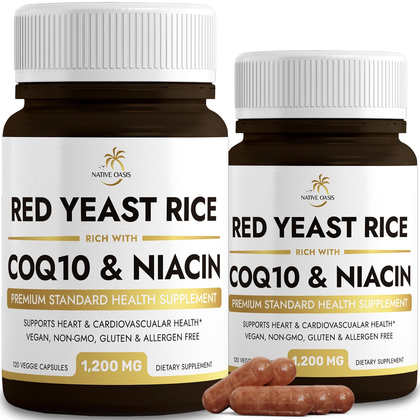 Native Oasis (2 Bottles) Red Yeast Rice 1,200 mg. Capsules Made with CoQ10 and Flush Native OasisUS supplements
