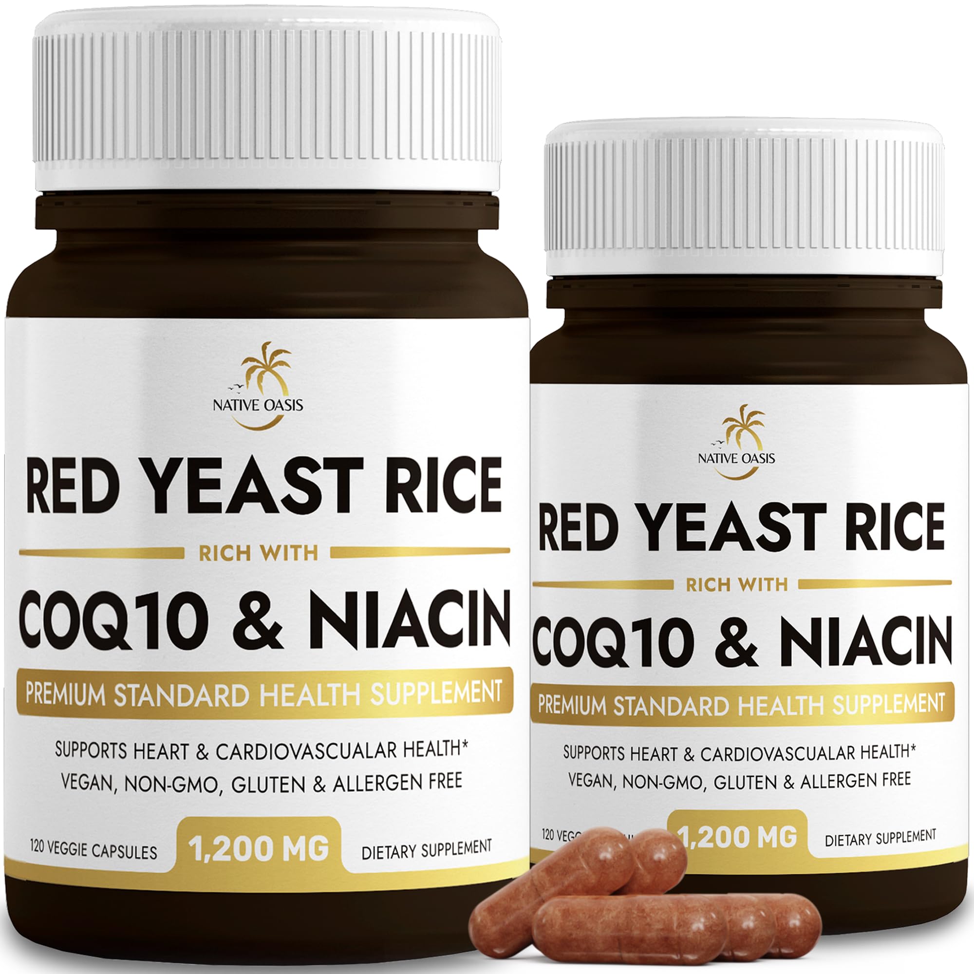 Native Oasis (2 Bottles) Red Yeast Rice 1,200 mg. Capsules Made with CoQ10 and Flush Native OasisAu supplements