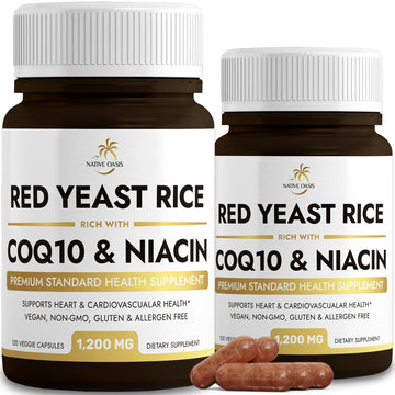 Native Oasis (2 Bottles) Red Yeast Rice 1,200 mg. Capsules Made with CoQ10 and Flush Native OasisAu supplements