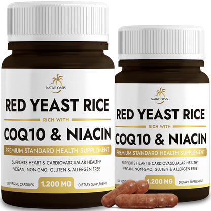 Native Oasis (2 Bottles) Red Yeast Rice 1,200 mg. Capsules Made with CoQ10 and Flush Native OasisUS supplements