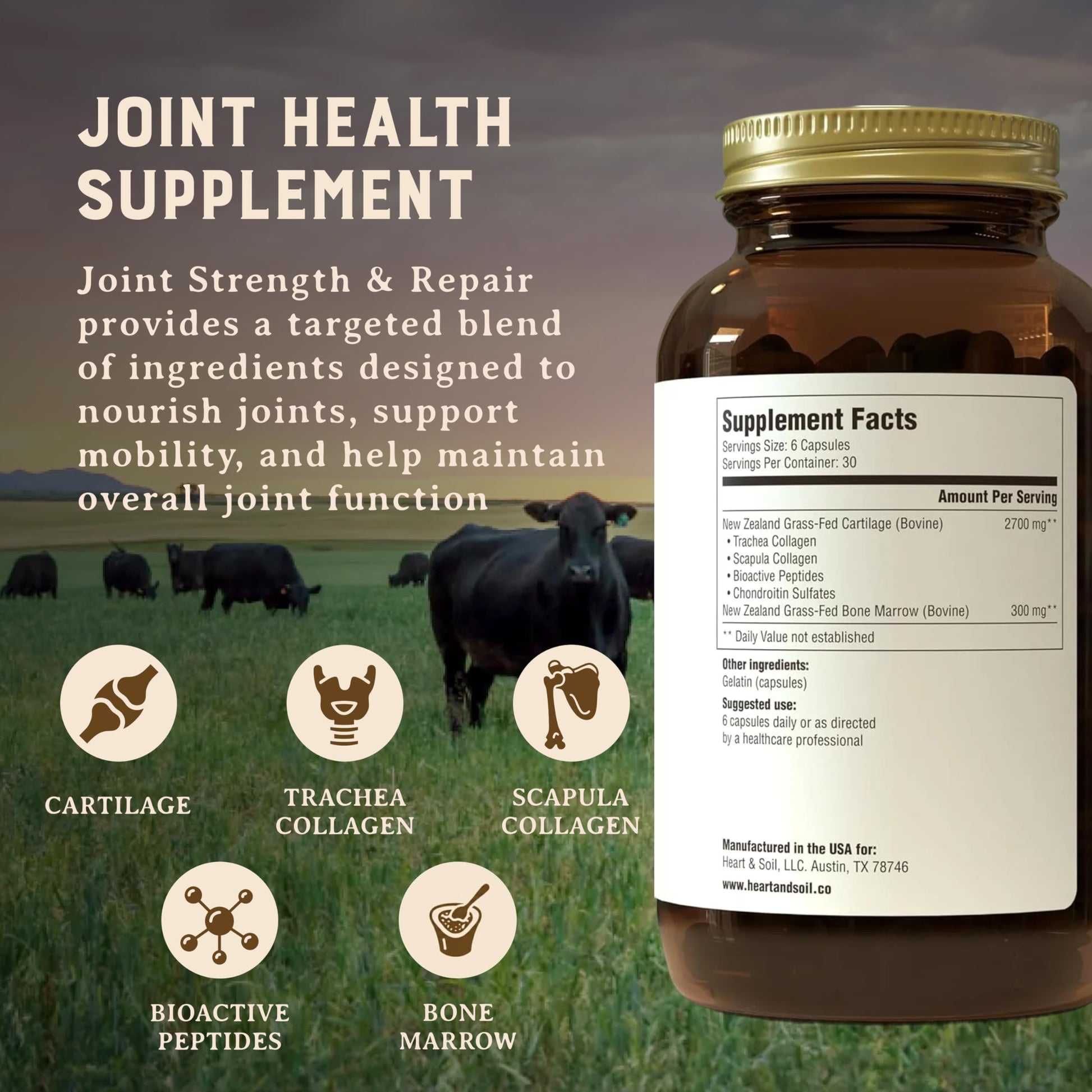Heart & Soil 100% Grass Fed & Finished Joint Support Supplement from Regenerative Cattle with Trachea, Scapula & Bone Marrow – Supports Joint Strength & Mobility – 3000mg – Glass Bottle – 180 Capsules HEART & SOILAu supplements