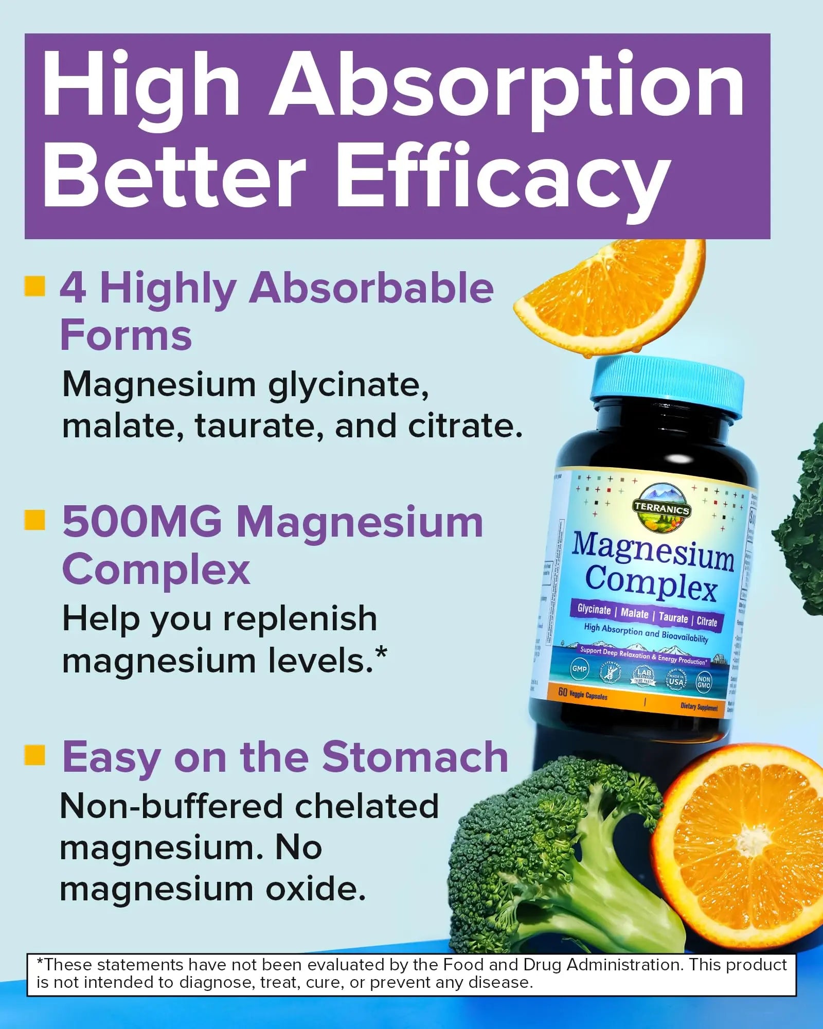 Terranics Magnesium Complex 500mg, Glycinate, Malate, Taurate, Citrate, Chelated Purified Easily Absorbed Magnesium Supplement for Sleep, Heart, Energy, Digestion Support, 60 Capsules Terranicsnz supplements