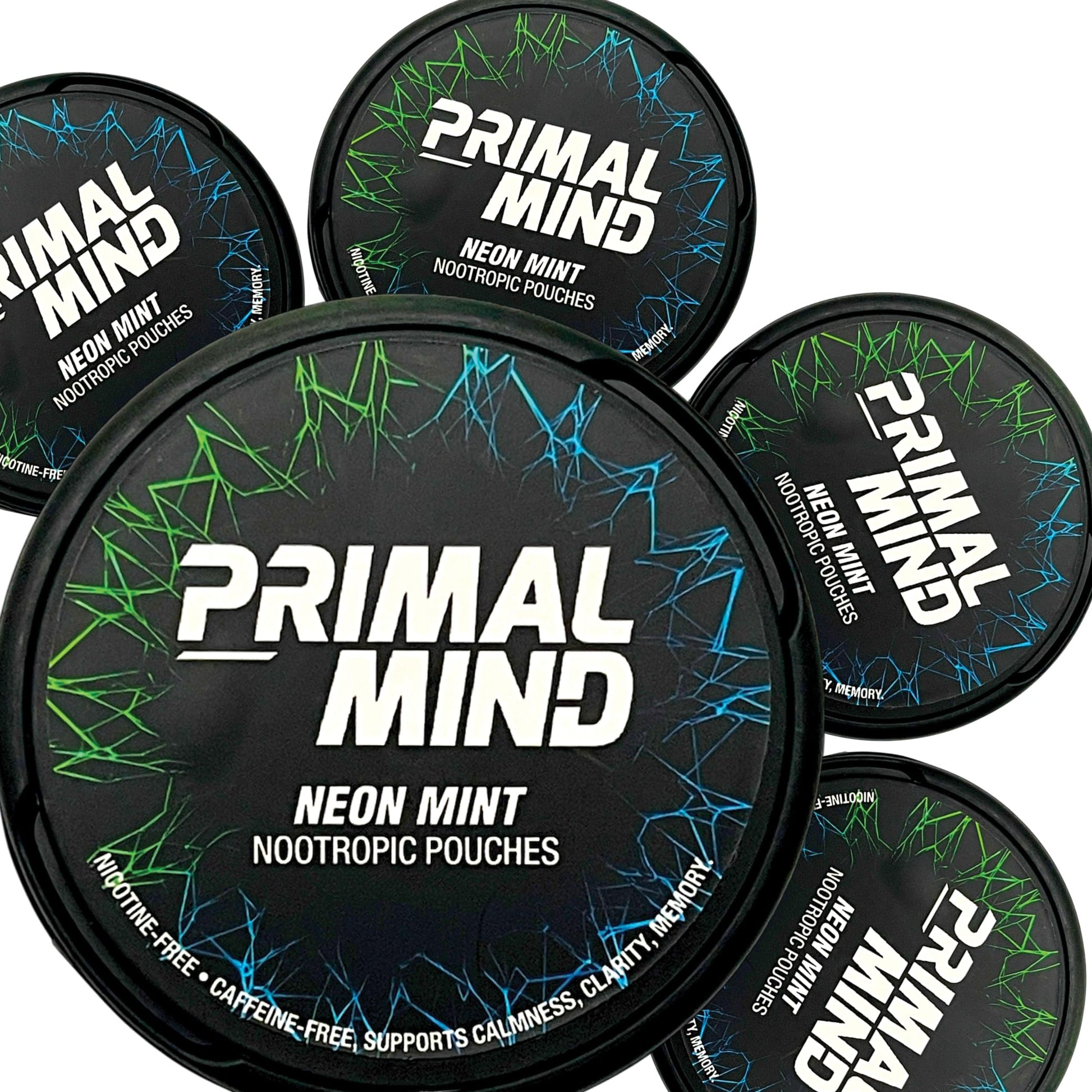 Nootropic Pouches - Primal Mind Caffeine Free Nootropics Pouches Made with Ginkgo Biloba & L-Theanine - Nicotine Free Brain Boost, No Sugar, Cognitive Support – 20 Pouches Per Can, 5 Pack (Neon Mint) Primal PreludeAu supplements