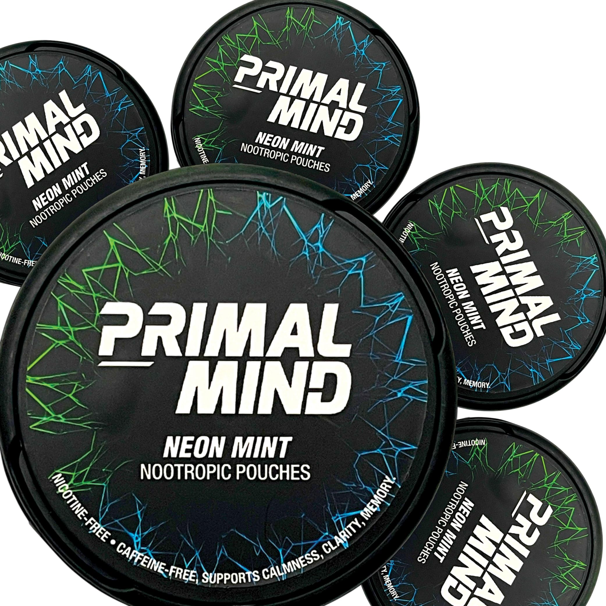 Nootropic Pouches - Primal Mind Caffeine Free Nootropics Pouches Made with Ginkgo Biloba & L-Theanine - Nicotine Free Brain Boost, No Sugar, Cognitive Support – 20 Pouches Per Can, 5 Pack (Neon Mint) Primal PreludeAu supplements