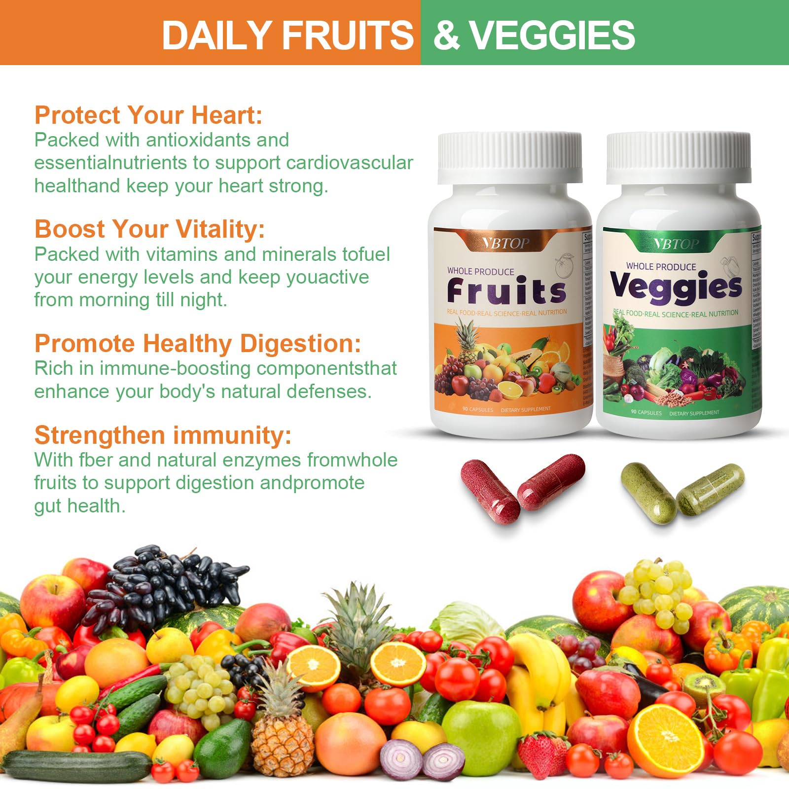VBTOP Fruit & Vegetable Supplement - Natural Ingredients - 2 Bottles - 180 Capsules Total | A Blend of 20+19 Natural Whole Fruits & Vegetables, a Fresh superfood Formula Rich in Vitamins and Minerals VBTOPAu supplements