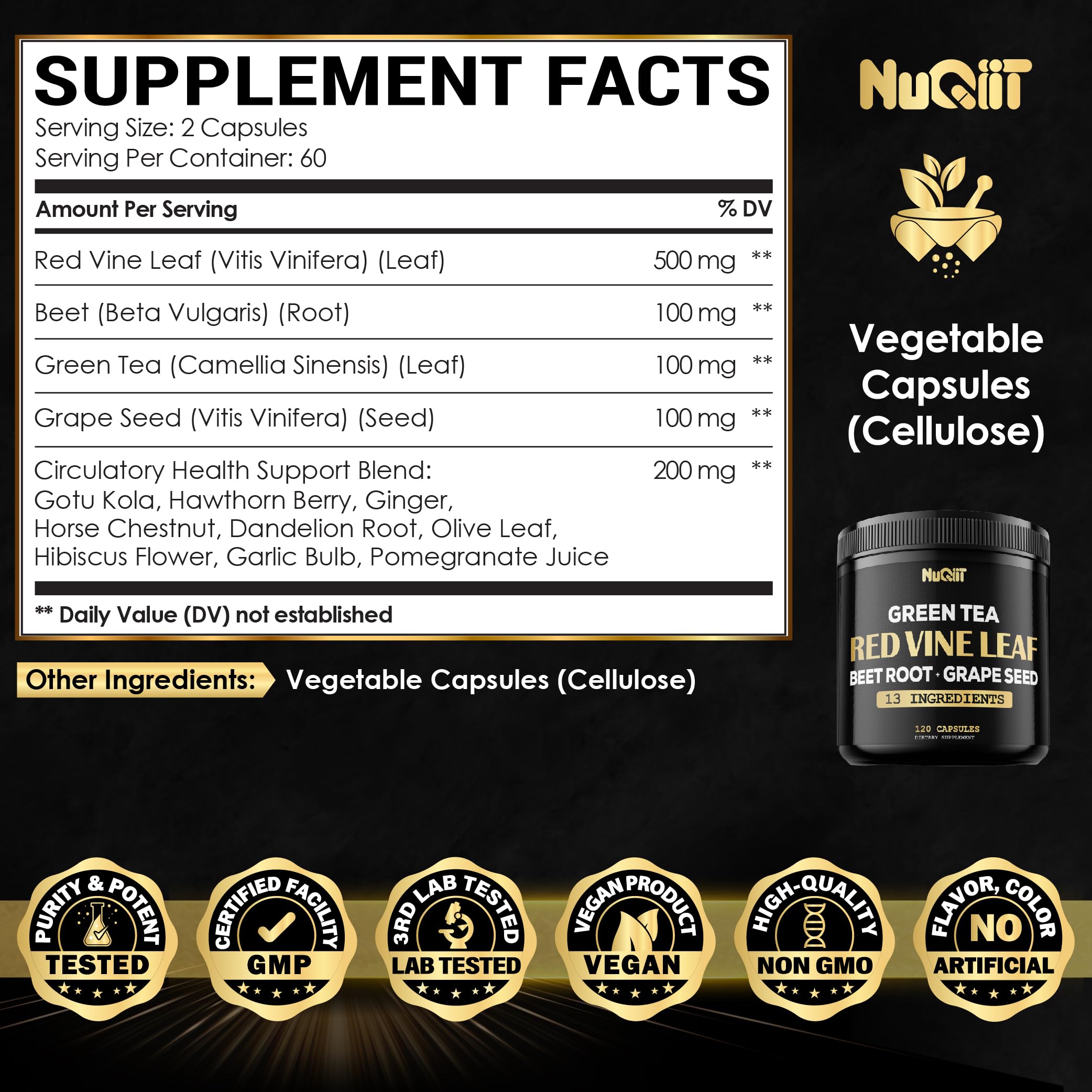 Red Vine Leaf Extract 15000mg Beet Root 3000mg Organic Green Tea 3000mg Supplement & More - Support Heart Health, Strength, Immune System & Body Management - 120 Vegan Capsules for 2-Month Supply NUQIITAu supplements