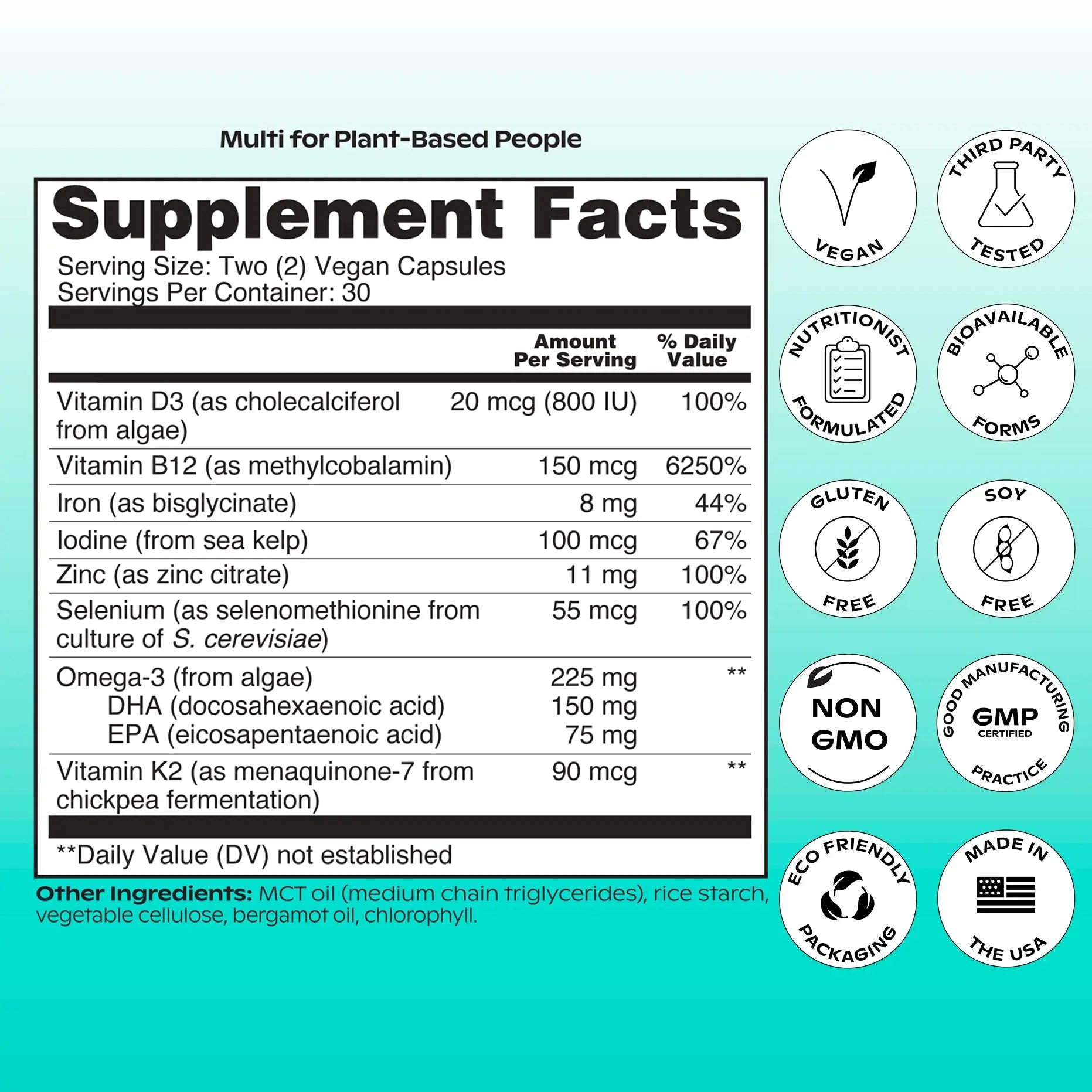 wholier Plant Based Multivitamin Vegan Omega-3 DHA EPA, Vitamin D, B12, Zinc, Vitamin K2, Iron, Iodine, Selenium wholierAu supplements