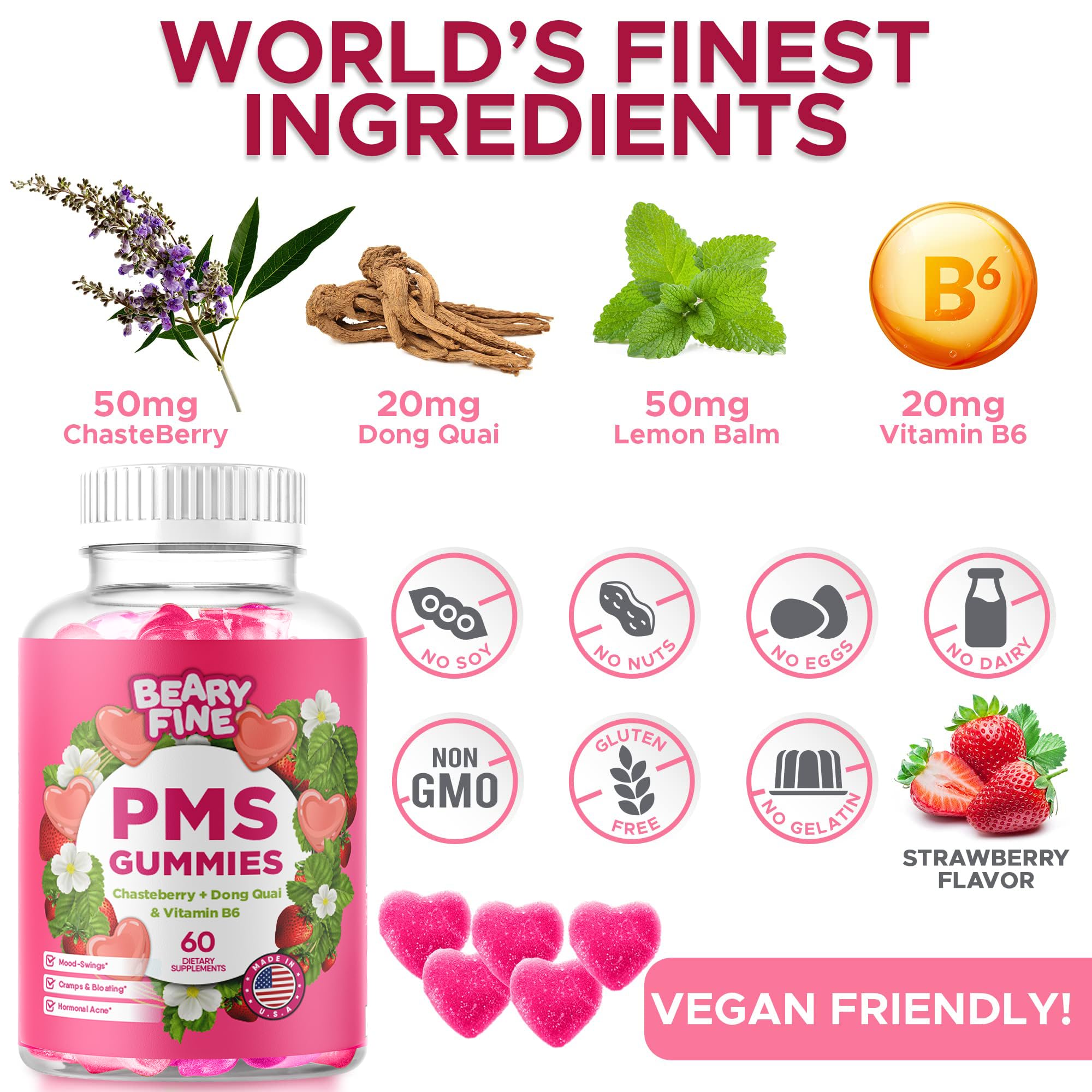 Beary Fine PMS Gummies - PMS Vitamins for Women & Teens - PMS Period Relief - Cramping, Bloating, Mood Swings - Made in The USA (Strawberry, 60 Count) Beary FineAu supplements