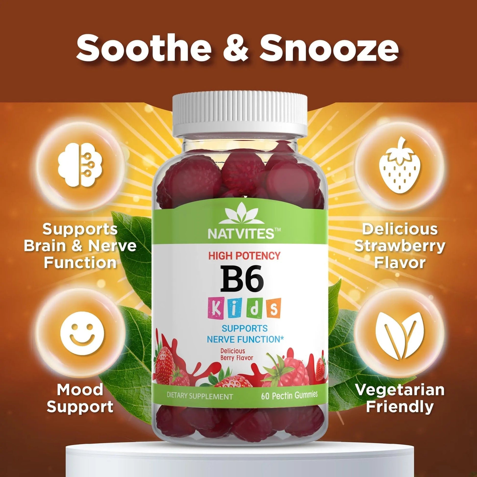 Natvites High-Potency Vitamin B6 Gummies for Kids - Delicious Berry Flavored VIT B6 Vitamins 50mg - Supports Nerve Function - Vegetarian Gluten Free Non-GMO Children's 50 mg B 6 Supplement (60 Count) NatvitesAu supplements