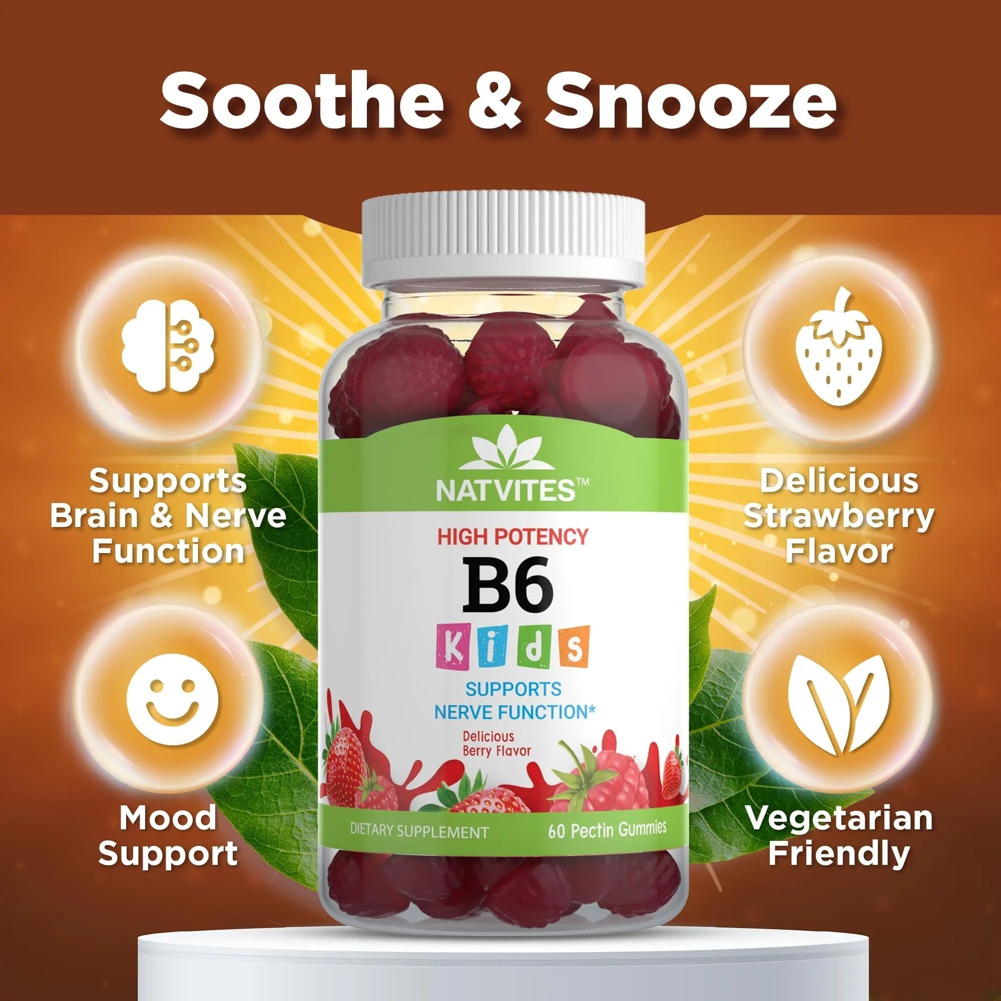 Natvites High-Potency Vitamin B6 Gummies for Kids - Delicious Berry Flavored VIT B6 Vitamins 50mg - Supports Nerve Function - Vegetarian Gluten Free Non-GMO Children's 50 mg B 6 Supplement (60 Count) NatvitesAu supplements