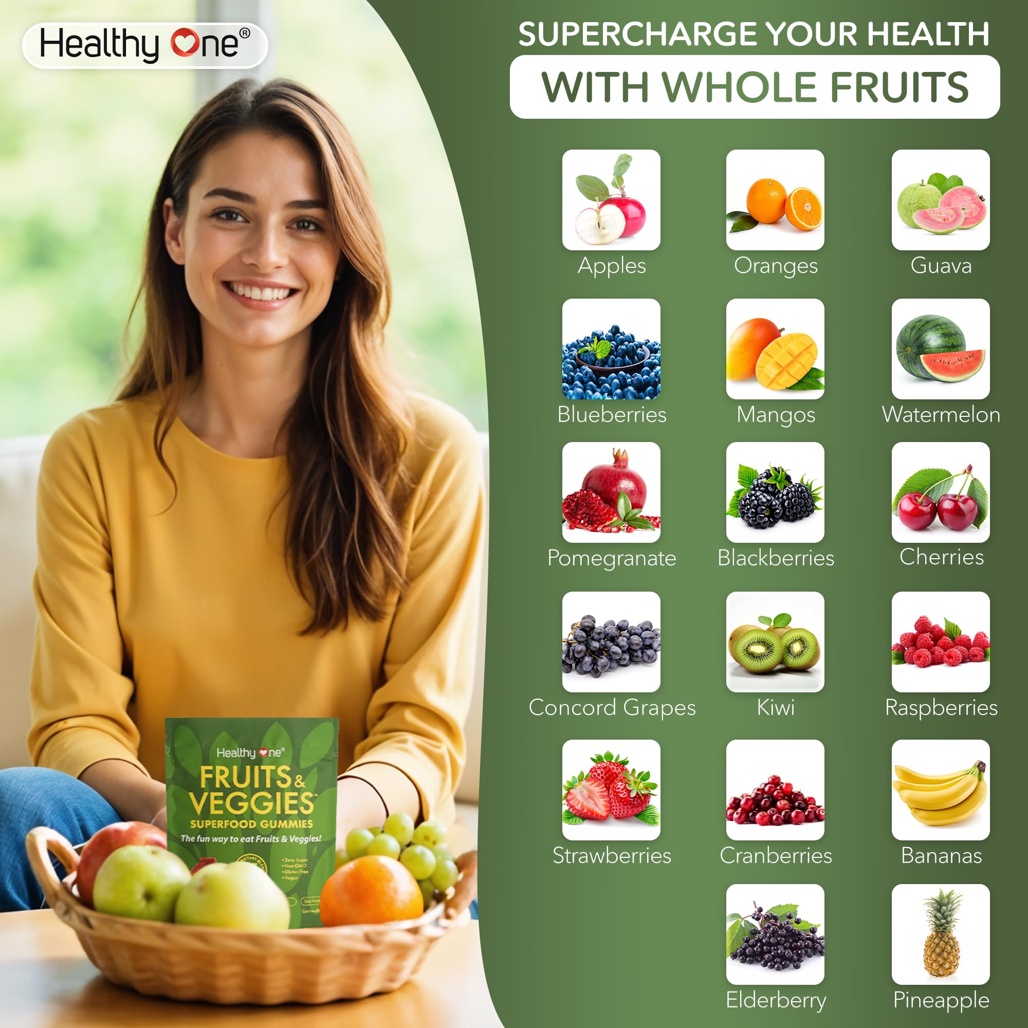 Fruits & Veggies Sugar-Free Gummies - 27 Whole Foods - Equals 3 Servings of Fruits & Vegetables - Improve Energy, Focus & Immune Function - Fiber - Antioxidants - Organic Ingredients - 28 Packets Healthy OneAu supplements