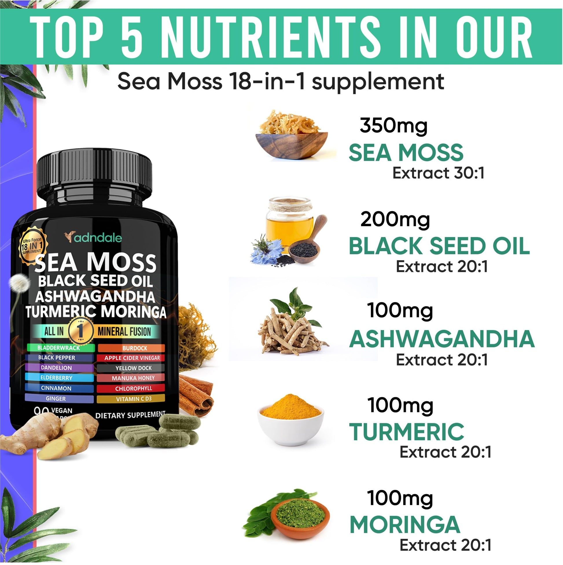 Adndale Sea Moss Capsules - Sea Moss Blend with Ashwagandha, Turmeric & Black Seed Oil - 180 Count AdndaleAu supplements