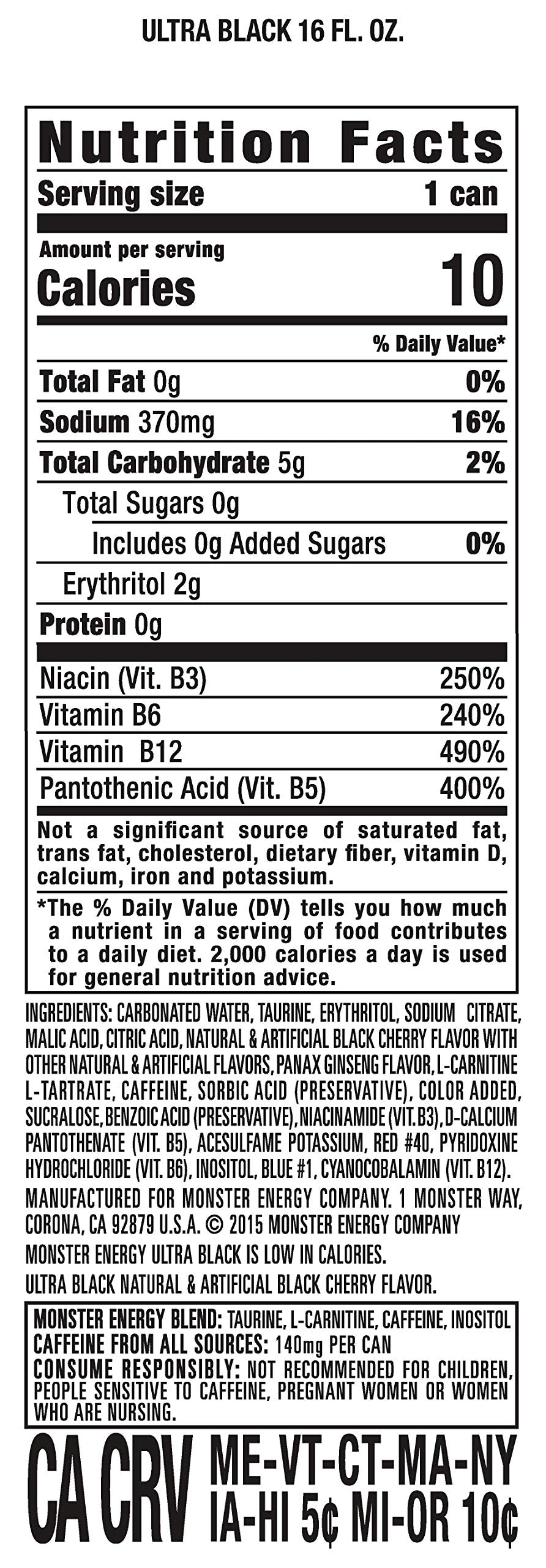 Monster Energy Ultra Black, Sugar Free Energy Drink, 16 Ounce (Pack of 15) Monster EnergyUS supplements