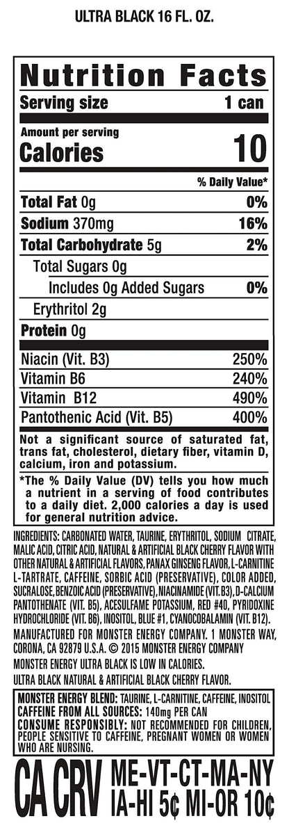 Monster Energy Ultra Black, Sugar Free Energy Drink, 16 Ounce (Pack of 15) Monster EnergyUS supplements