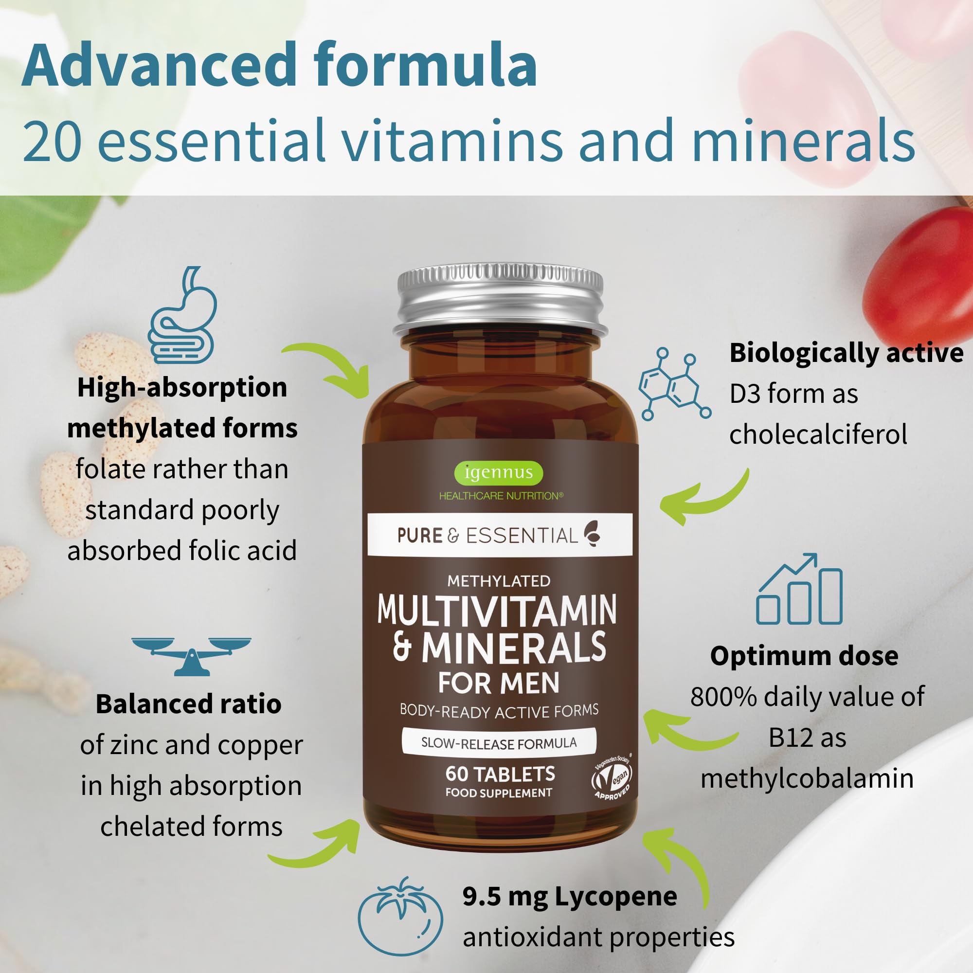 Igennus Methylated Men's Multivitamin with 22 Actives, All-Day Nutrient Delivery, Pure & Clean, Methylfolate & Methylcobalamin Igennus Healthcare NutritionAu supplements