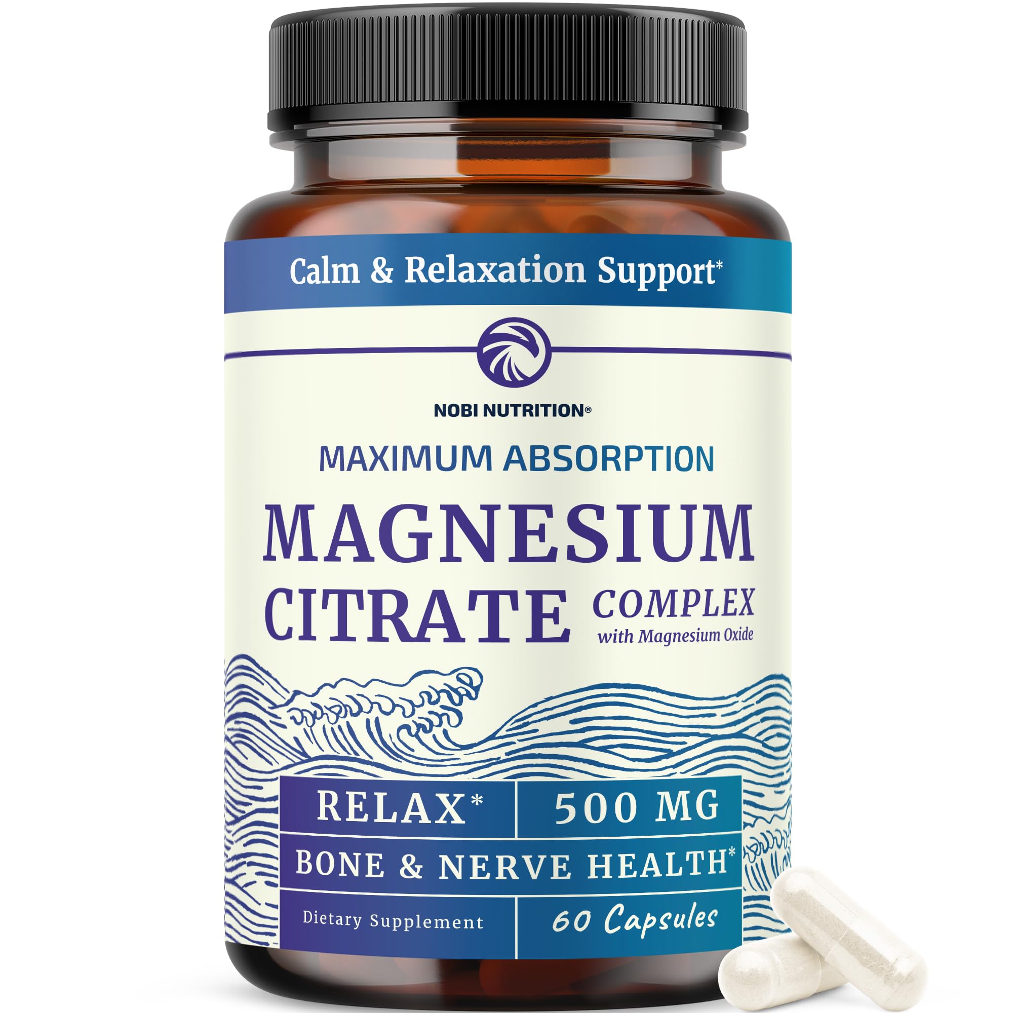 Magnesium Citrate Complex 500 MG for Calm & Relaxation | High Absorption Magnesium Supplement | Citrato de Magnesio | Constipation & Digestion Support Non-GMO Soy-Free | 60 Mag Citrate Capsules Nobi NutritionAu supplements