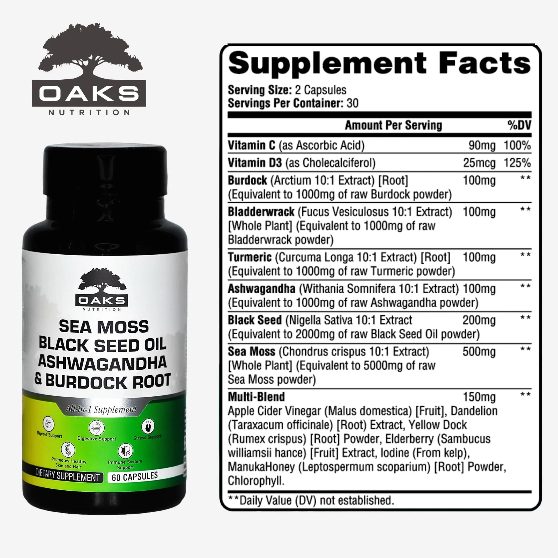 Oaks Nutrition Premium 15-in-1 Sea Moss Multivitamin with Black Seed Oil, Ashwagandha, Turmeric, Bladderwrack, Burdock, Elderberry Oaks NutritionAu supplements