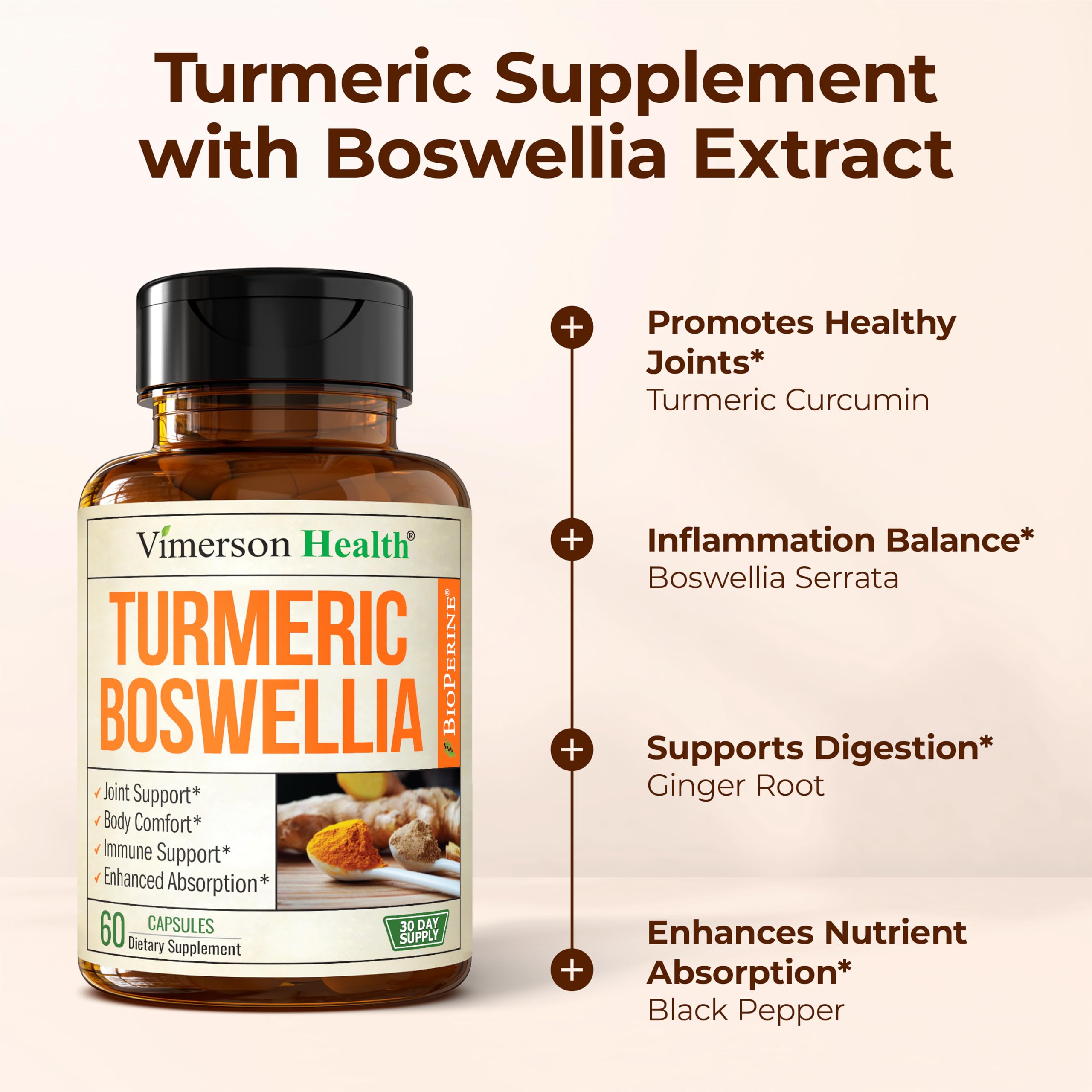 Turmeric Supplement w/Boswellia Serrata – Daily Support for Joint Health & Comfort – Organic Turmeric Curcumin Powder, Bioperine for Enhanced Absorption & Ginger Root – 60 Boswellia Extract Capsules Vimerson HealthAu supplements