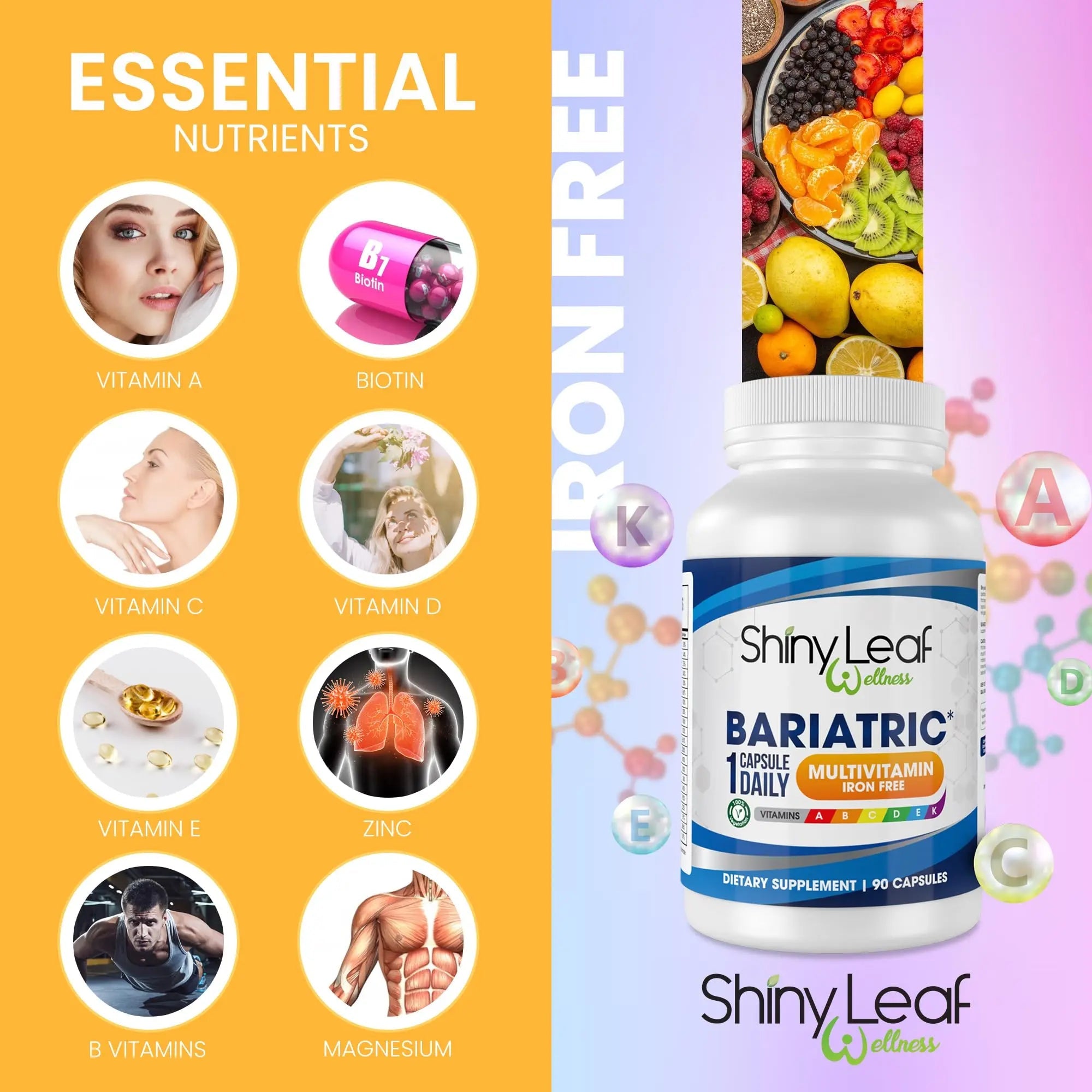 Bariatric Multivitamin Iron-Free One Capsule Per Day and CoQ10 100mg Supplement for Brain Health and Energy Management for Women and Men Shiny LeafAu supplements