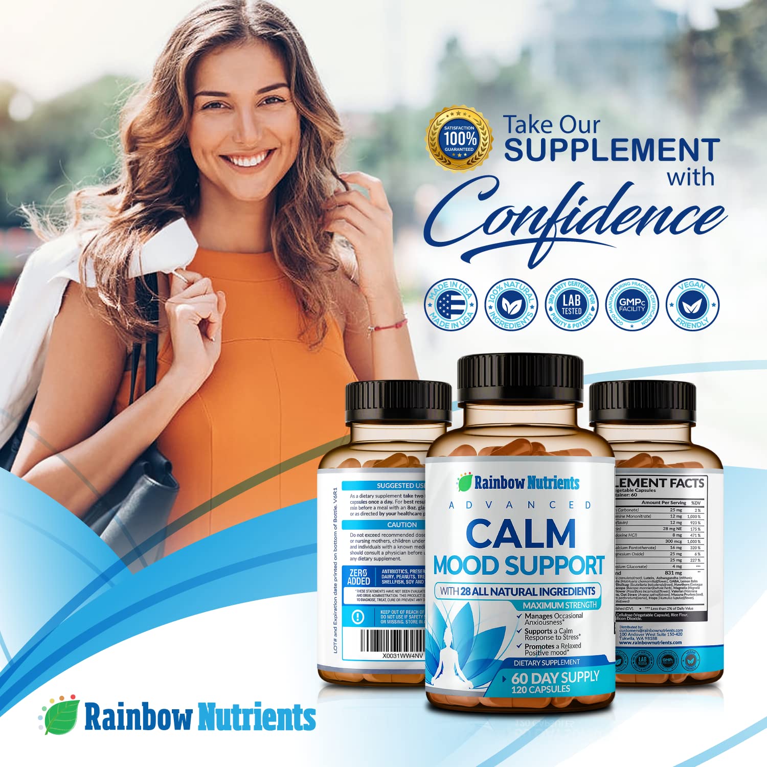 28 in 1 Calm Mood Support Supplement- Natural Happy Pills for Occasional Anxiousness & Stress, Worry feelings, Relaxation, Mental Clarity | Max Sleep & Mood Support for Women & Men|120 Vegan Capsules Rainbow Nutrients, LLCAu supplements