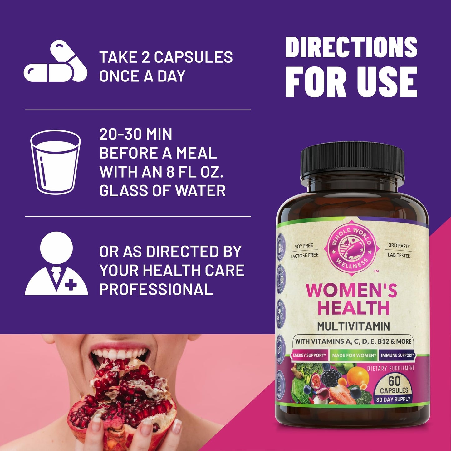 Womens Daily Multivitamins & Multimineral Supplement for Energy, Mood, Focus, Hair WHOLE WORLD WELLNESSUS supplements