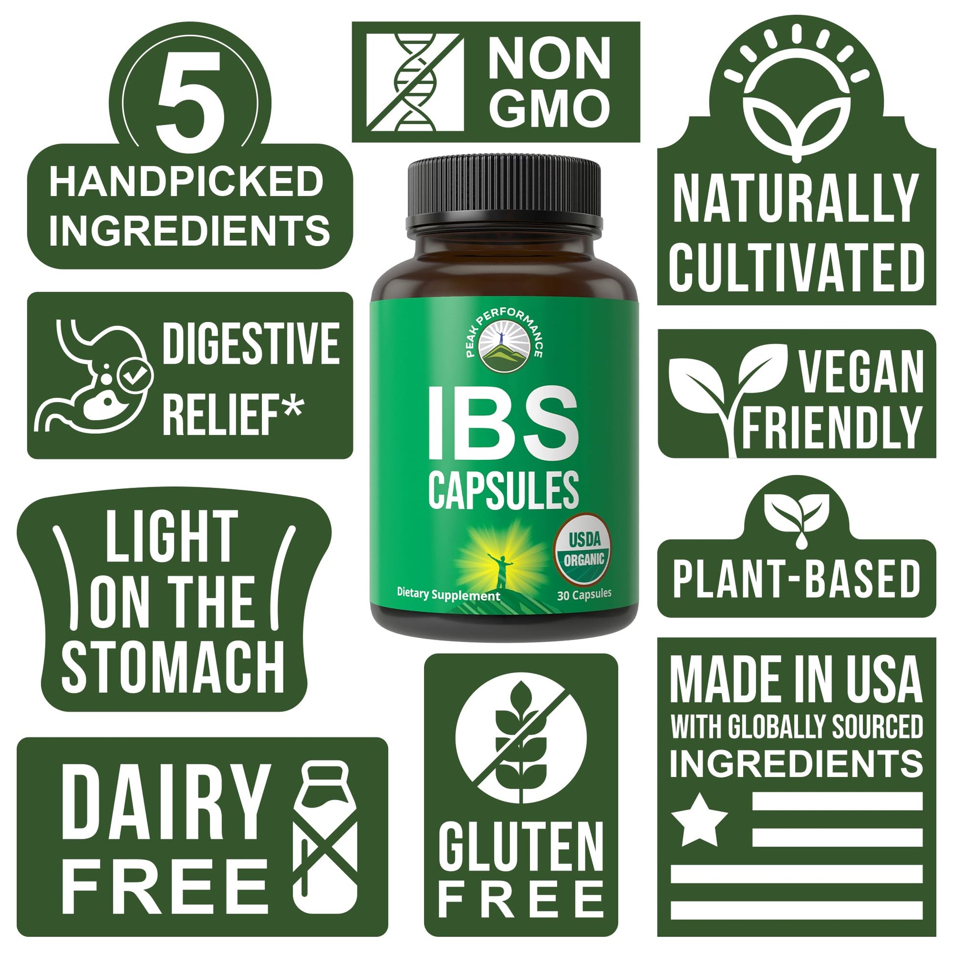 USDA Organic IBS Capsules for Relief, Ingestion, Bloating, Gas. Irritable Bowel Supplement with 5 Handpicked Organic Ingredients. Peppermint Oil, Sea Buckthorn, Fennel Seed, Rosemary Leaf, Basil Leaf Peak PerformanceAu supplements
