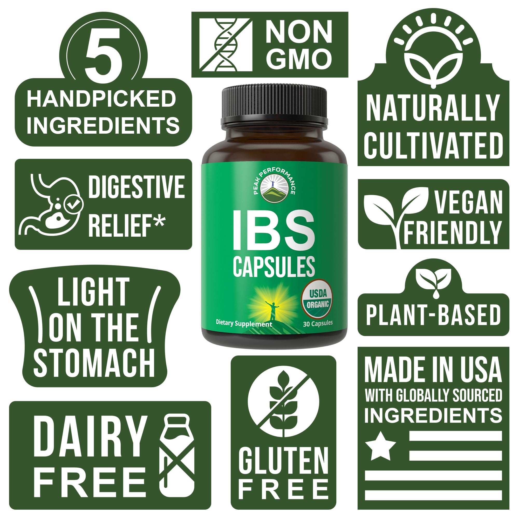 USDA Organic IBS Capsules for Relief, Ingestion, Bloating, Gas. Irritable Bowel Supplement with 5 Handpicked Organic Ingredients. Peppermint Oil, Sea Buckthorn, Fennel Seed, Rosemary Leaf, Basil Leaf Peak PerformanceAu supplements