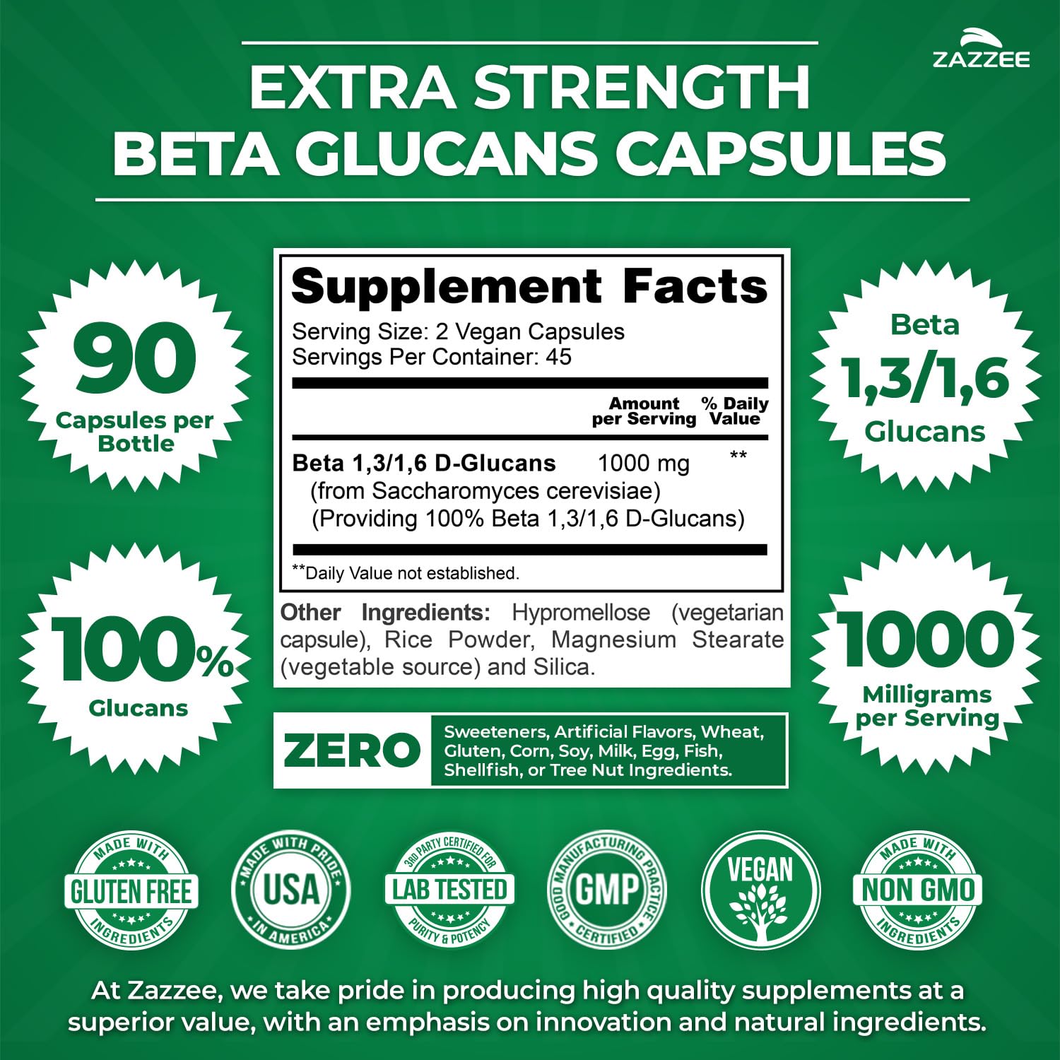 Zazzee Extra Strength 1,3/1,6 Beta Glucans, 1000 mg, 100% Concentrated, 90 Vegan Capsules, Supports a Healthy Immune System, 100% Vegetarian, All-Natural and Non-GMO ZazzeeAu supplements