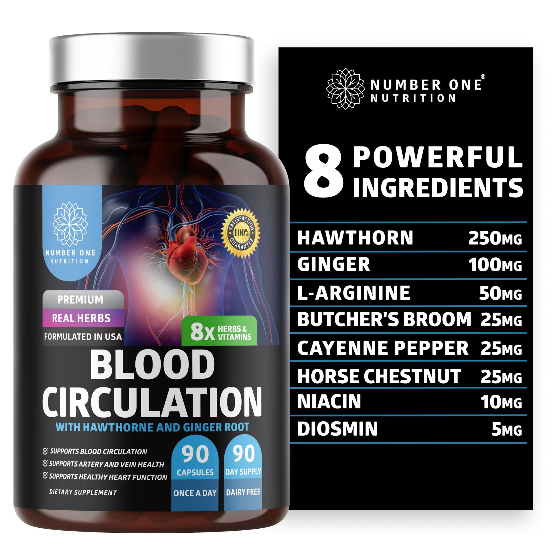 Number One Nutrition Premium Blood Circulation Supplement for Women and Men [8 Powerful Herbs & Vitamins] All Natural Blood Flow Supplement with Hawthorn, Butchers Broom and Cayenne Pepper, 90 Caps Number One NutritionAu supplements