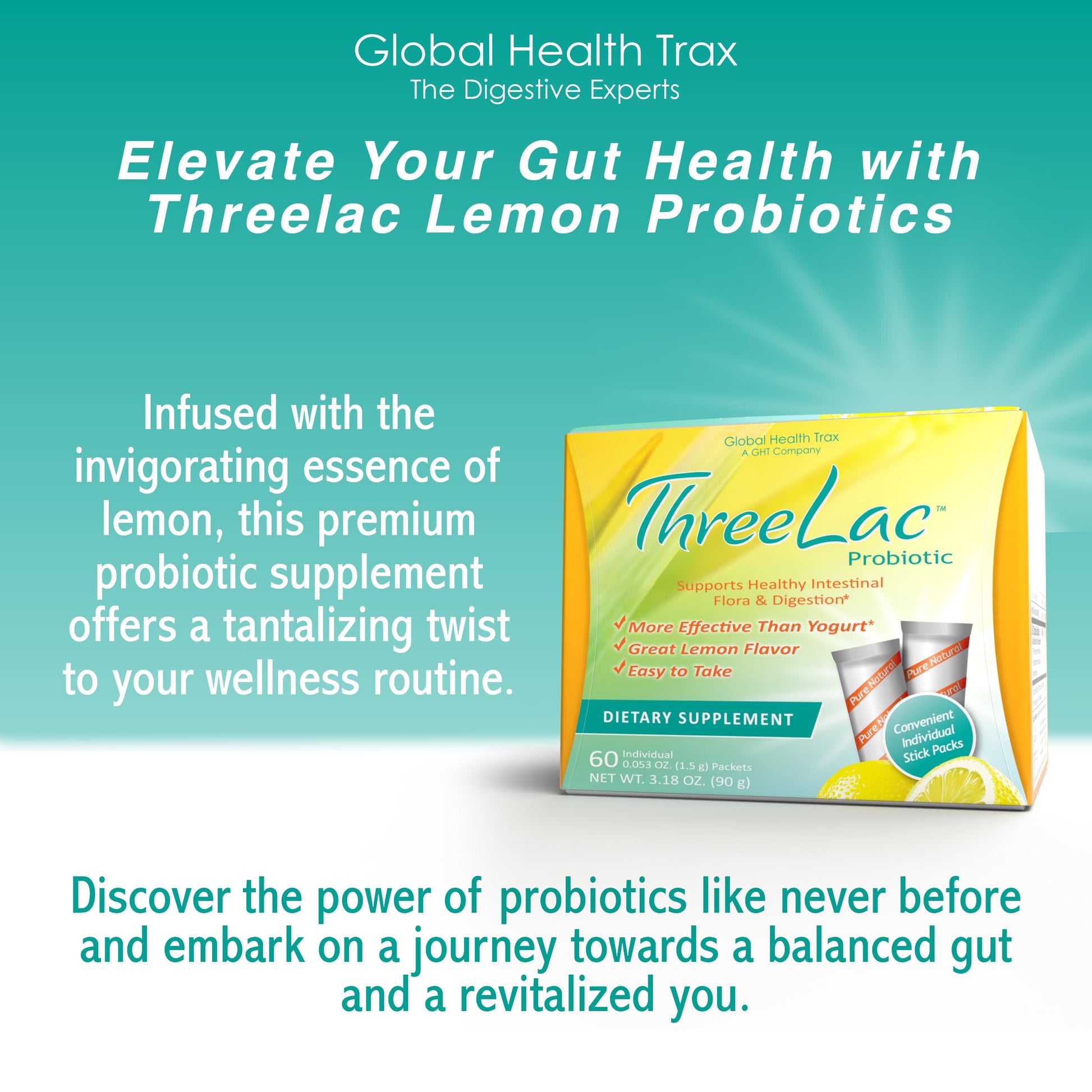 Global Health Trax GHT - ThreeLac Lemon Probiotic Drink Mix for Digestive Health - Advanced Probiotic Powder Formula for Men, Women & Kids - Immune Support & Gut Balance, Non-GMO - 60 Packets ght Global Health TraxAu supplements